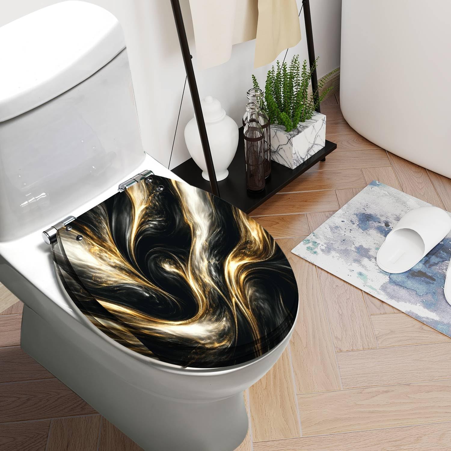 Round Toilet Seat Abstract luxury marble 3d painting Gold black colors Resin Toilet Seat Slow Quiet Close with Quick-Release Hinges Toilet Seat with Cover Easy to Clean Install