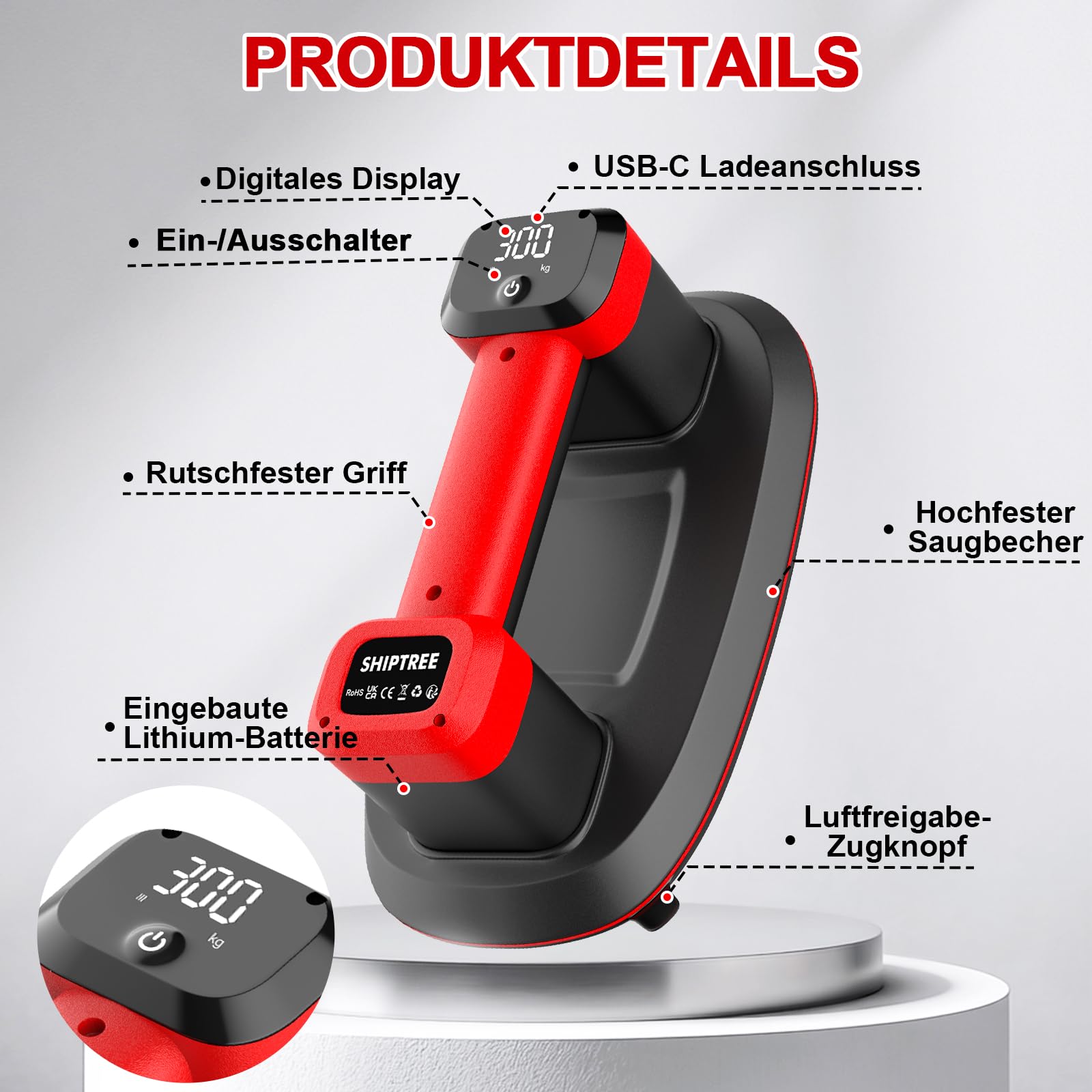Akku Saugheber 300 KG, Upgrade Saugheber mit 5000 mAh Akku, Auto Nachsaugfunktion,Doppelmotor für Starke Saugleistung, LCD Anzeige, für Fliesen, Glas, Holzplatten, Marmor & Möbel