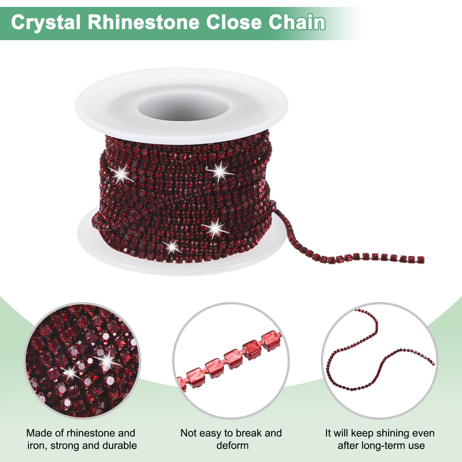 M METERXITY Catena Chiusura con Strass Cristallo, 2mm 10 Iarde Catena Fissaggio a File Singola, Rotolo Catena a Artiglio Cristallo per Cucito Artigianale/Artigianato Gioielli [Rosso Scuro]