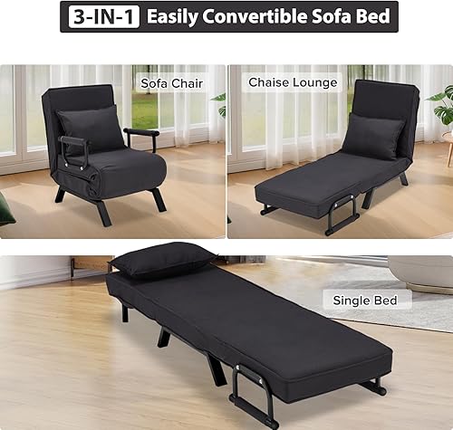 Miniatura 33 de Haddockway Sofá cama para una sola persona, sofá cama convertible tumbona, sillón plegable con almohada y respaldo ajustable de 5 posiciones, cama