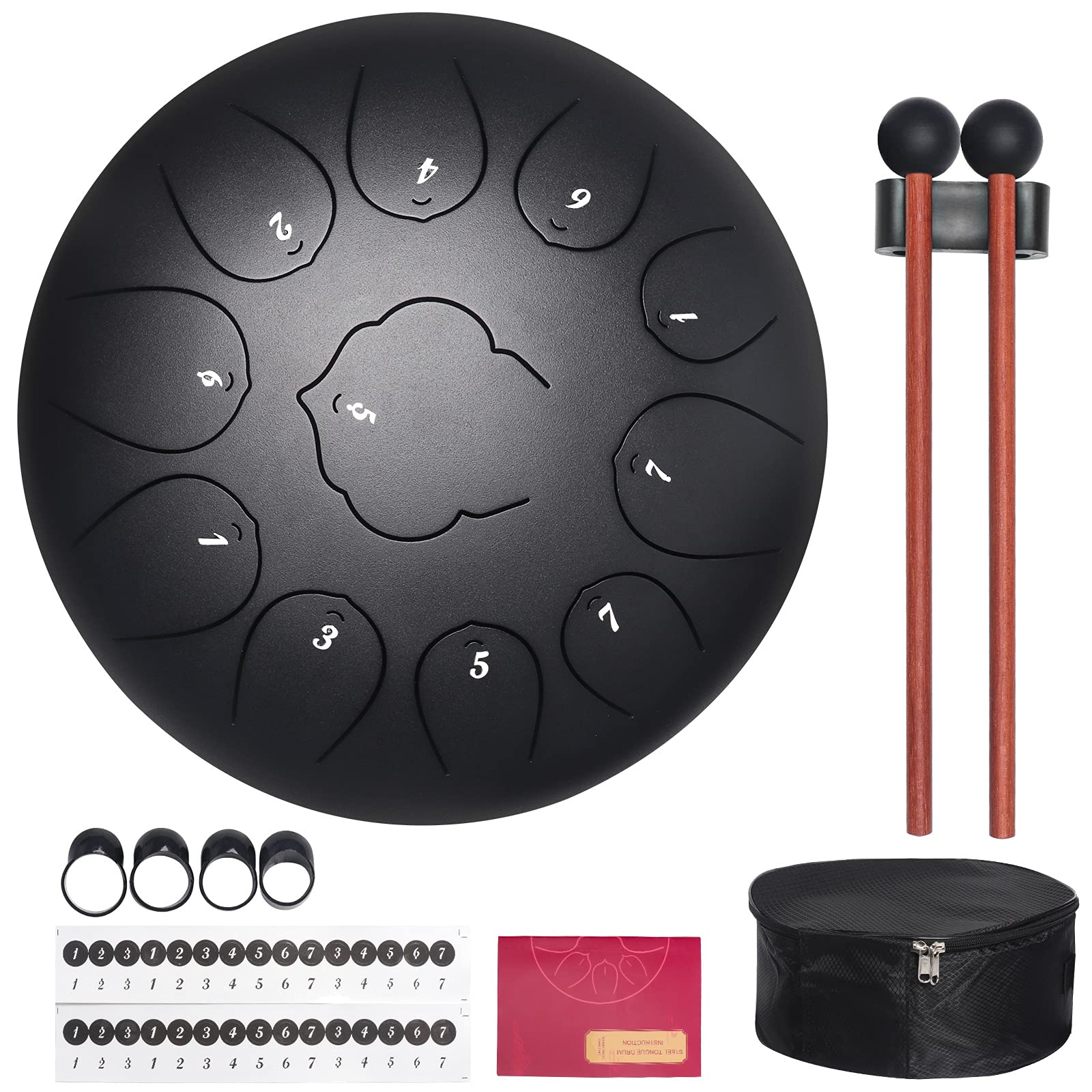 Tambor de Lengua de Acero, 12 Pulgadas 13 Tonos Instrumento De Percusión, con Baquetas, Instrucciones (idioma español no garantizado), Pegatinas, Púas de Dedo y Bolsa de Transporte Negro