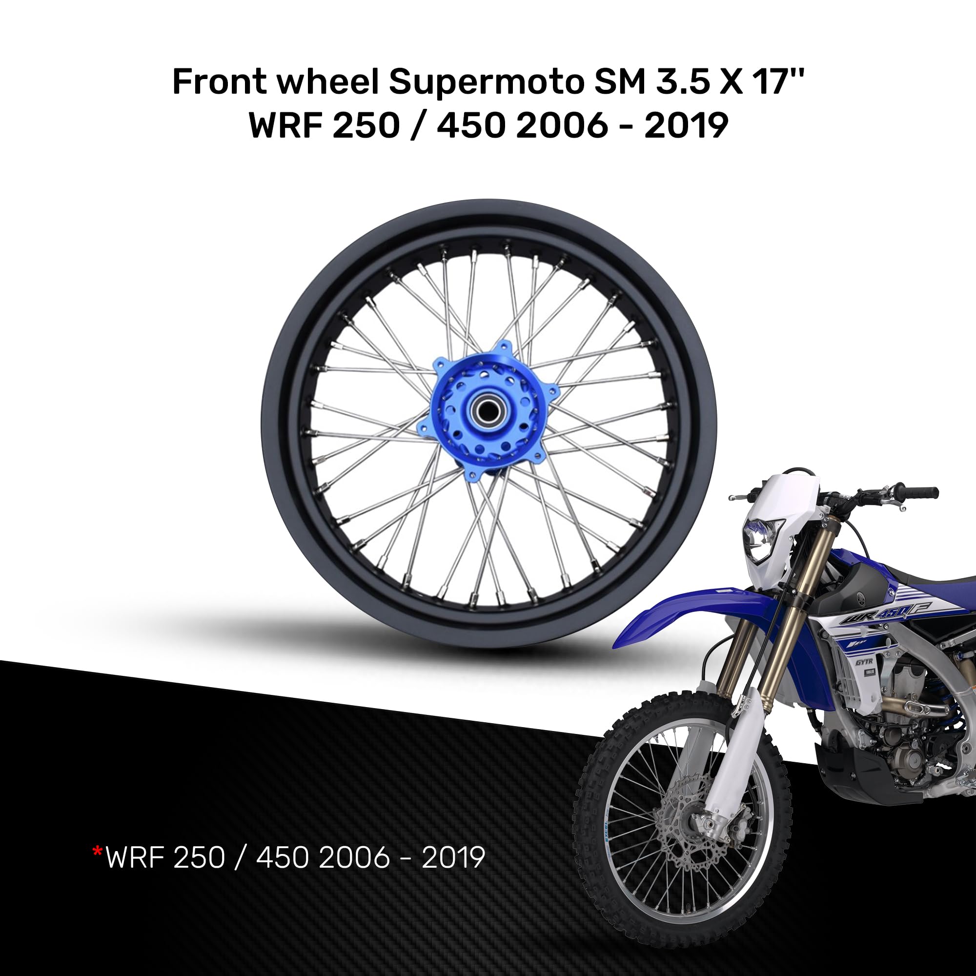 avdb -motocykl szprychowe koło/przednia felga 3,5'' x 17'' kompatybilna z YAMAHA WRF 450 WR450F 2006-2018, WRF 250 WR250F 2006-2019 Supermotard (niebieski)