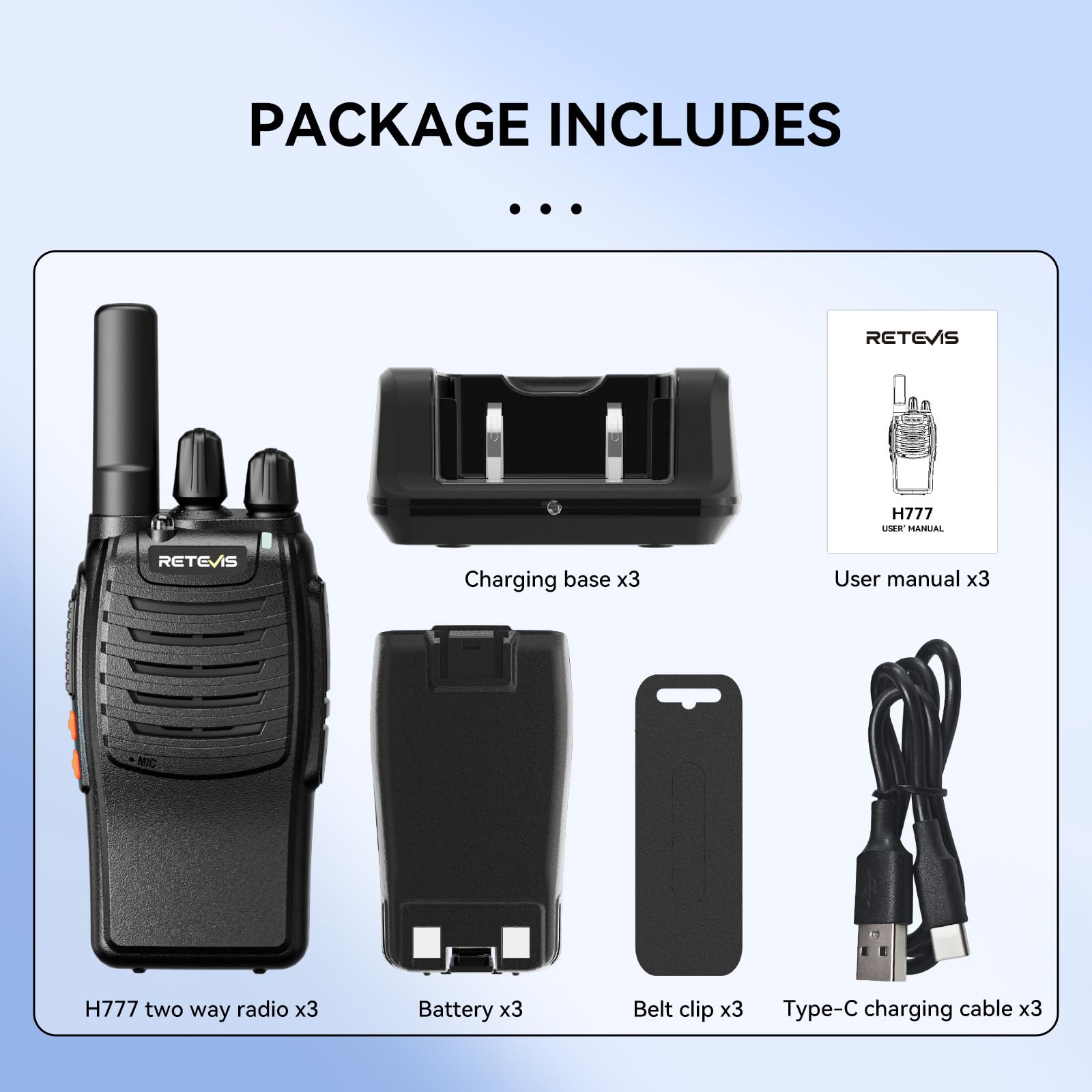 Retevis H777 Walkie Talkie, Portable PMR446 Radio Walkie Talkies for Adults, Easy of Use, USB A-Type C, VOX, Flashlight, Walkie Talkies 3 Pack for Family, Cycling, (Black, 3Pcs) — view 7