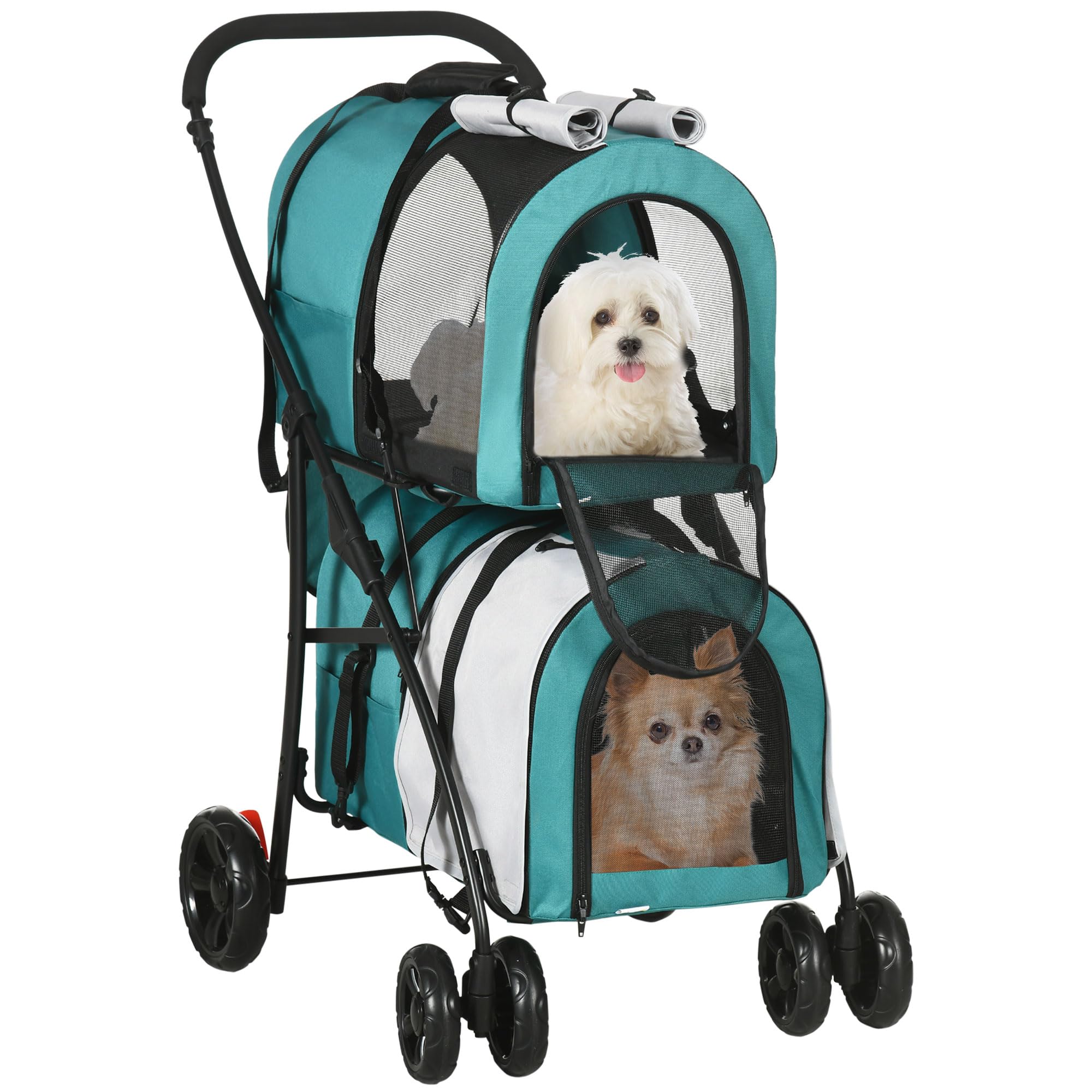 PawHut Carrito Doble para Perros Gatos Cochecito Plegable para Mascotas con 2 Transportines Extraíbles Cinturón de Seguridad Bolsillos Laterales y 2 Cojines Cada Carga 10 kg 66x50x98 cm, Verde