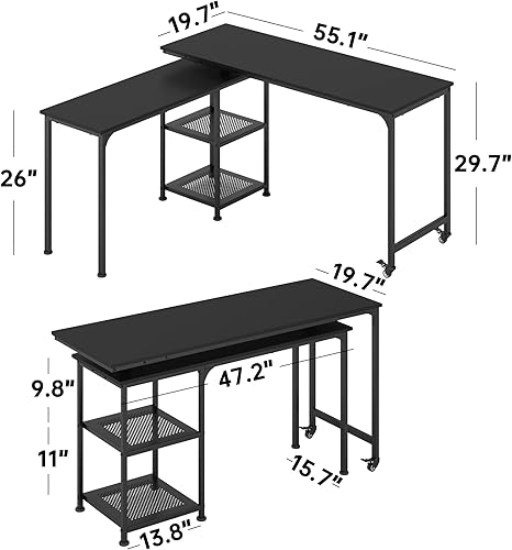 Miniatura 2 de Wellynap Escritorio para computadora en forma de L de 55 pulgadas, escritorio de esquina giratorio libre de 360 con estantes abiertos, estación de