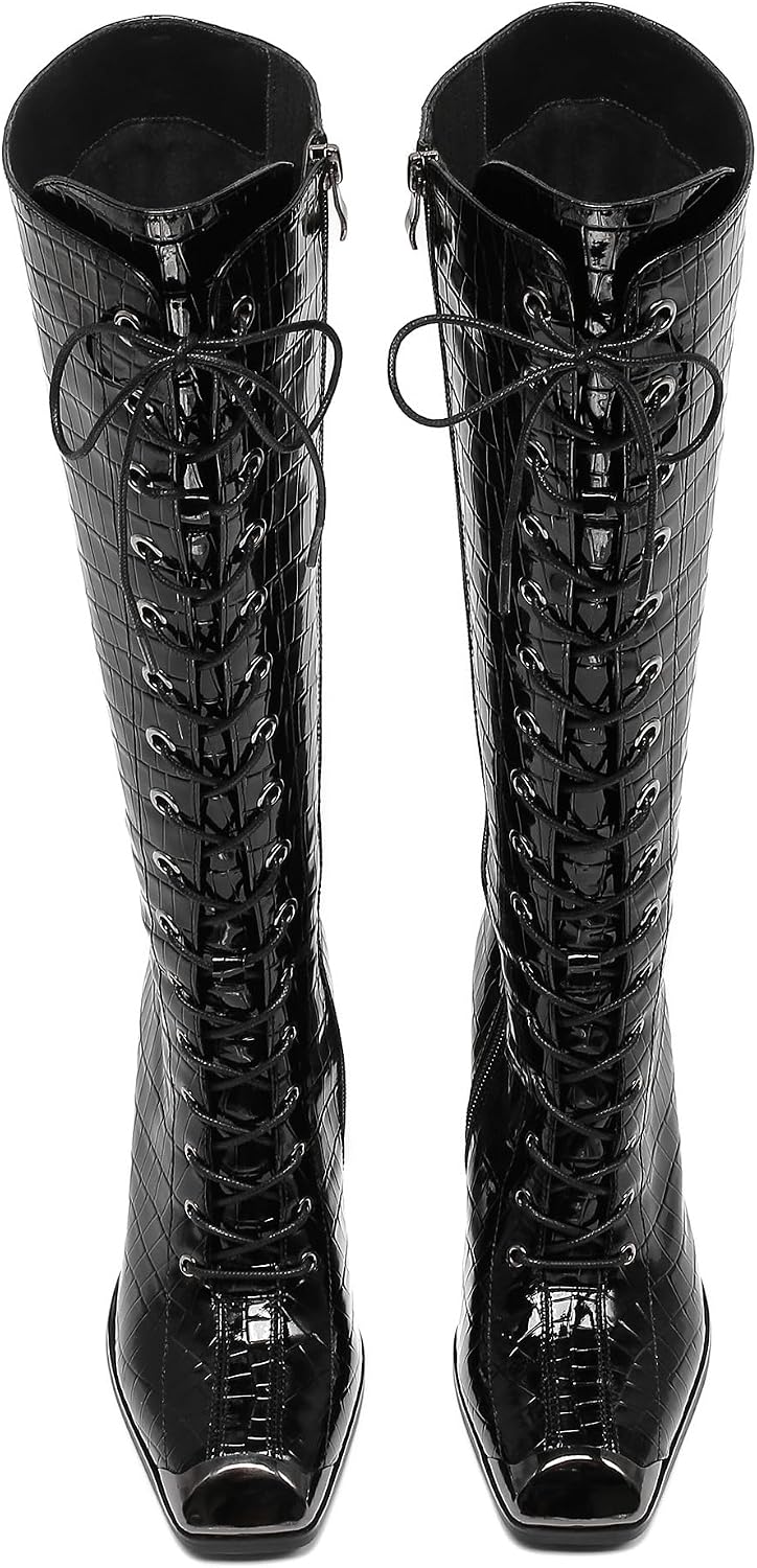 Ninety Union Fuji Women’s Knee-High Boots - Croc Print and Lace-Up Front 2.75" Chunky Block Heel Boots (BLACK, 4)