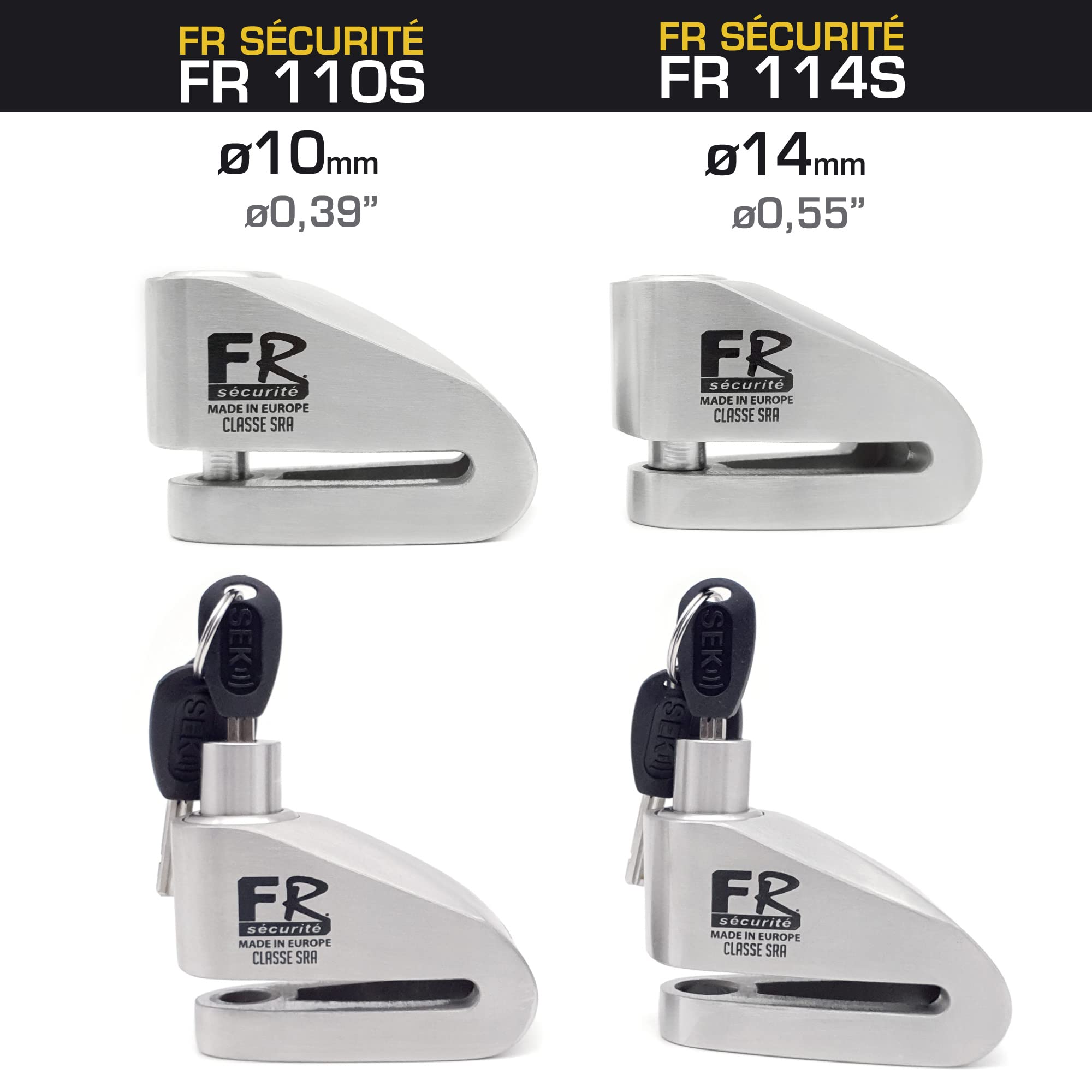 FR SECURITE FR110S Candado Moto Disco Homologado SRA, Doble Bloqueo ø10mm Cerradura Acero Inoxidable Alta Seguridad, Cable Recordatorio, Antirrobo Motocicleta Pinza Scooter, Bicicleta Eléctrica