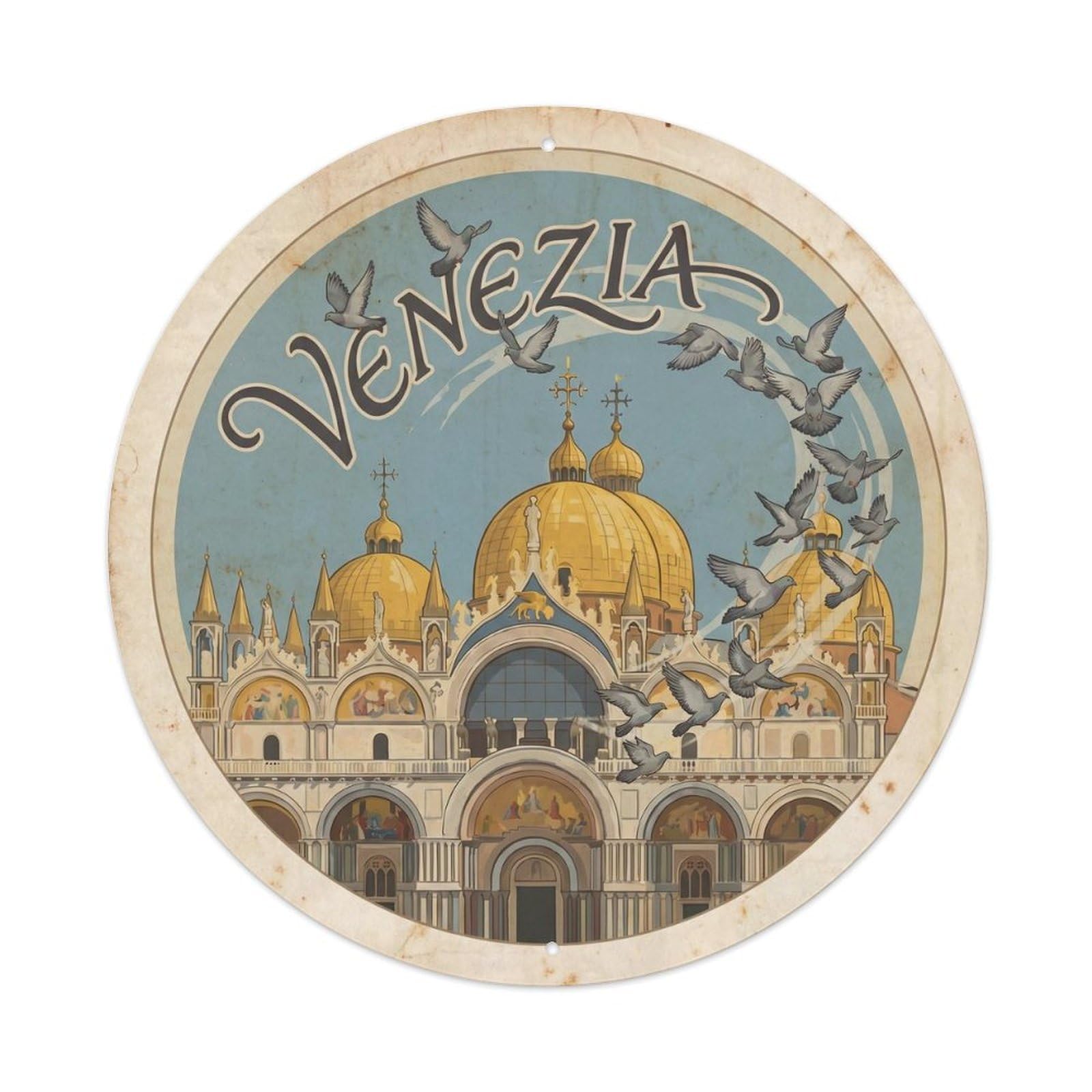 Italian Venice Basilica Landmark Tourism Heritage Wanderlust Metal Tin Sign Plaque Wall Decor for Cafe, Man Cave, Club Bar, Office, Home Garden Round Metal Poster 8x8Inch