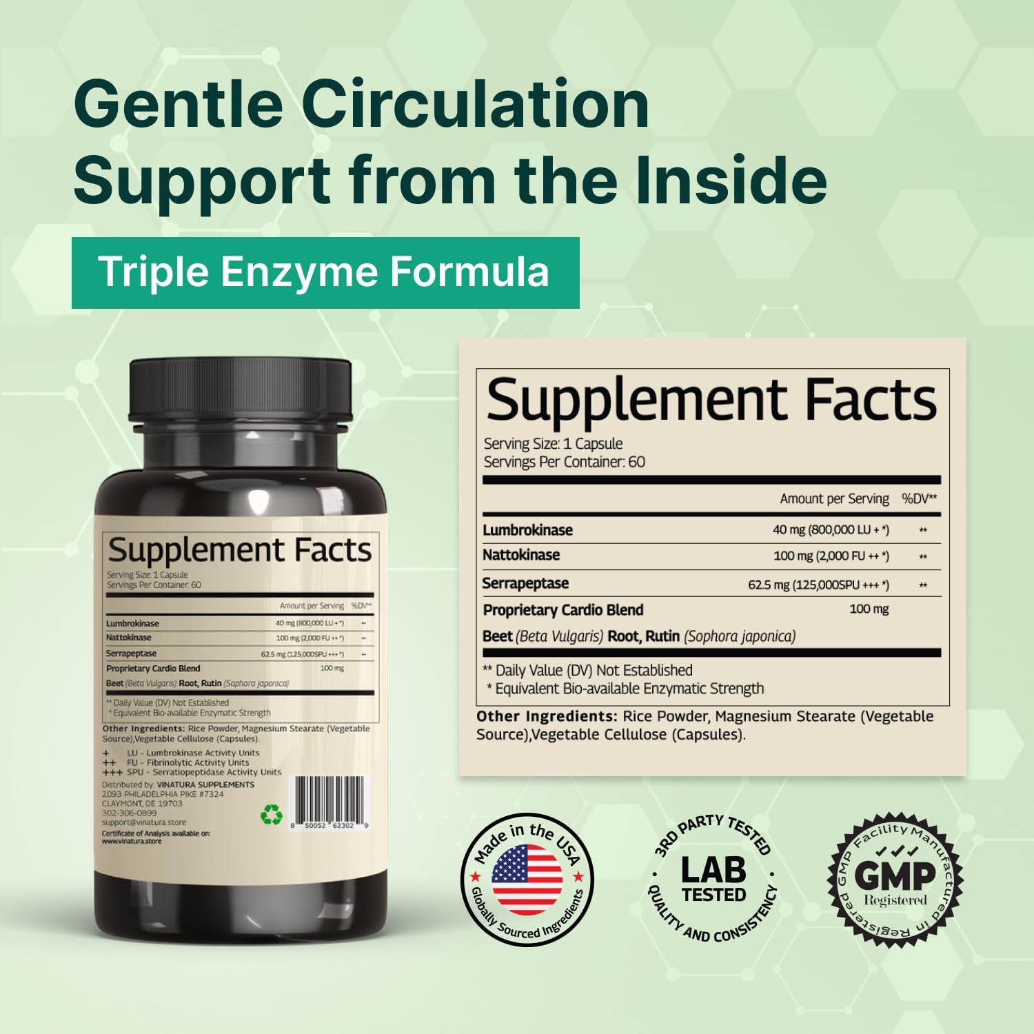 VINATURA Lumbrokinase, Nattokinase 2000FU & Serrapeptase - USA Made & Tested, Circulation Supplements of Nattokinase Serrapeptase (Natto-Serra), Rutin, Beetroot, Lumbrokinase Supplement - Image 2