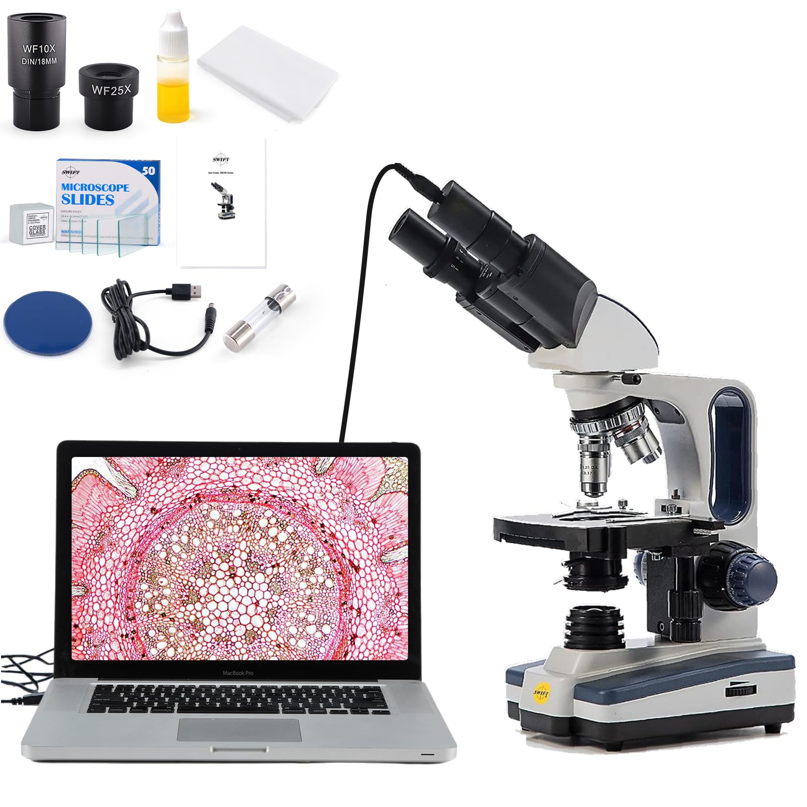 SWIFT SW350B-BS50 40X-2500X Siedentopf Research-Grade Compound Lab Binocular Microscope with 50 Pre-Cleaned Blank Slides and 100 Glass Coverslips