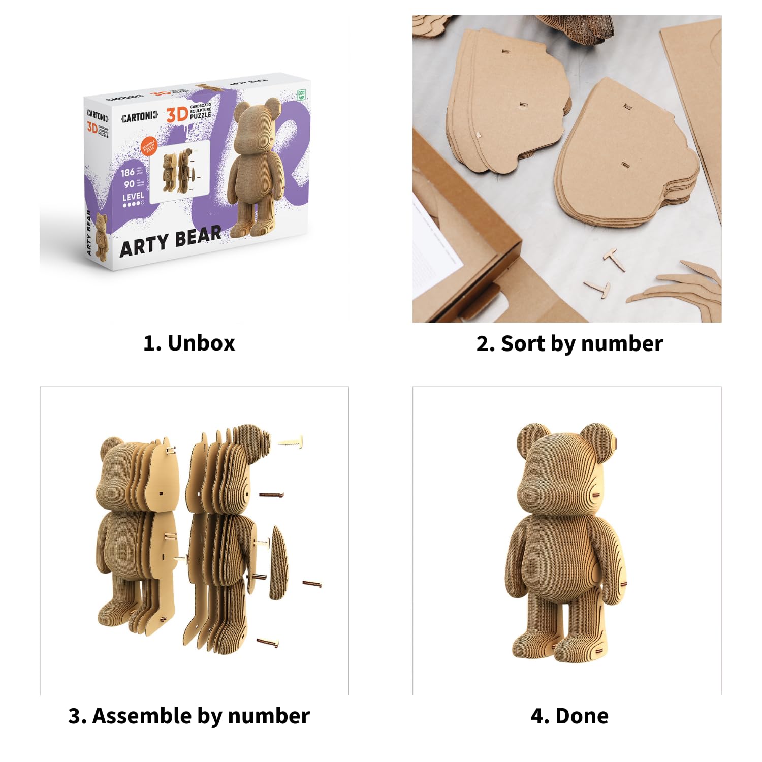 Ours Arty Bear Puzzle 3D en Carton – Maquette à Monter | 186 Pièces, 22 × 18 × 14 cm – Kit Sculpture DIY à Peindre, Matériaux Recyclés, Ados & Adultes, Idée Cadeau Déco