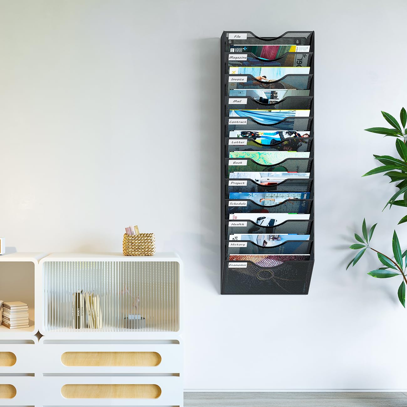 12 Fächern Hohe Kapazität Document Wand Organizer Hängend.Hohe Qualität Metall Zeitschriftenhalter Wand für Büro/Studium/Zuhause,Schwarz