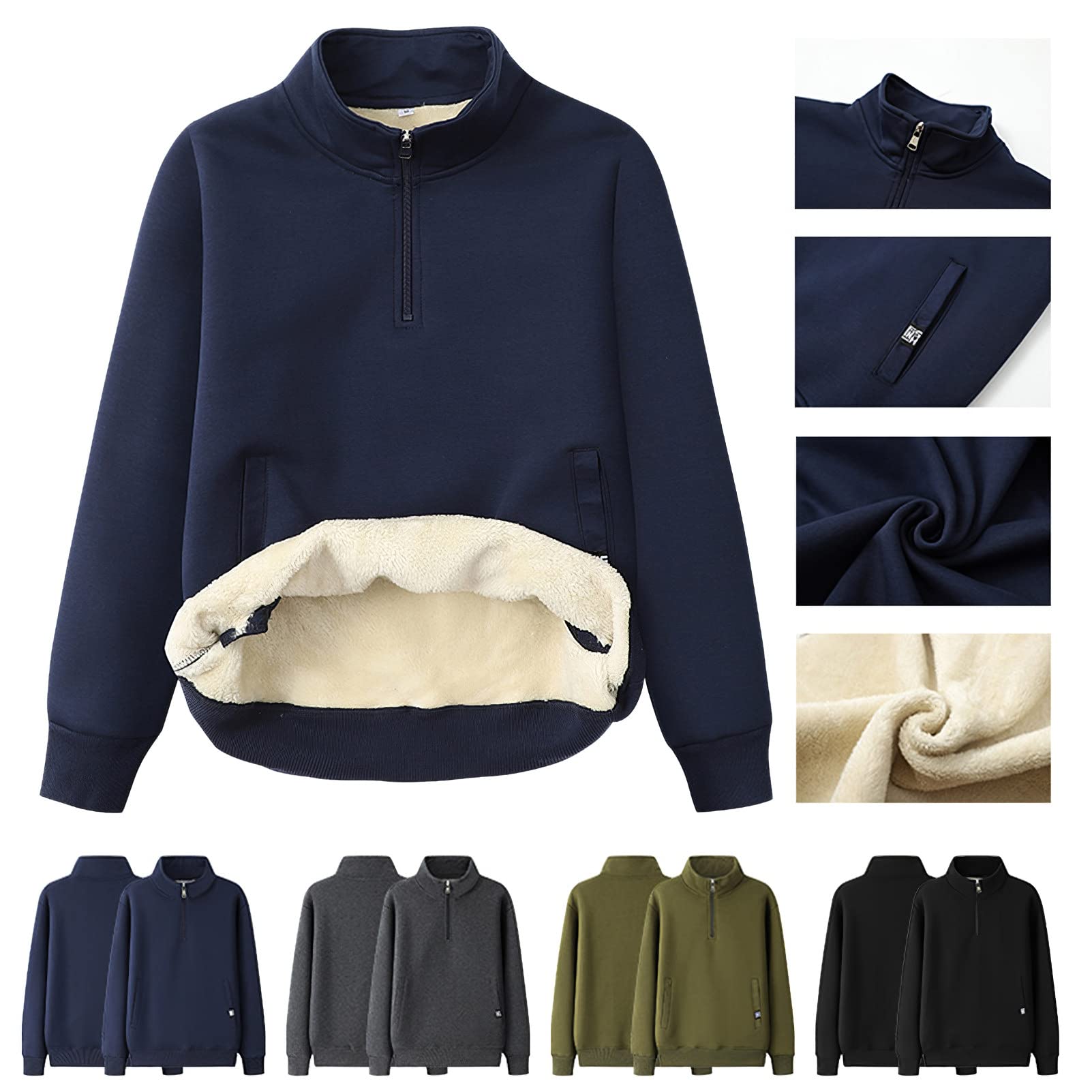 Hombre Invierno Cuello Alto Sudadera de Forro Polar con Media Cremallera Térmica Pullover Suéter con 2 Bolsillos