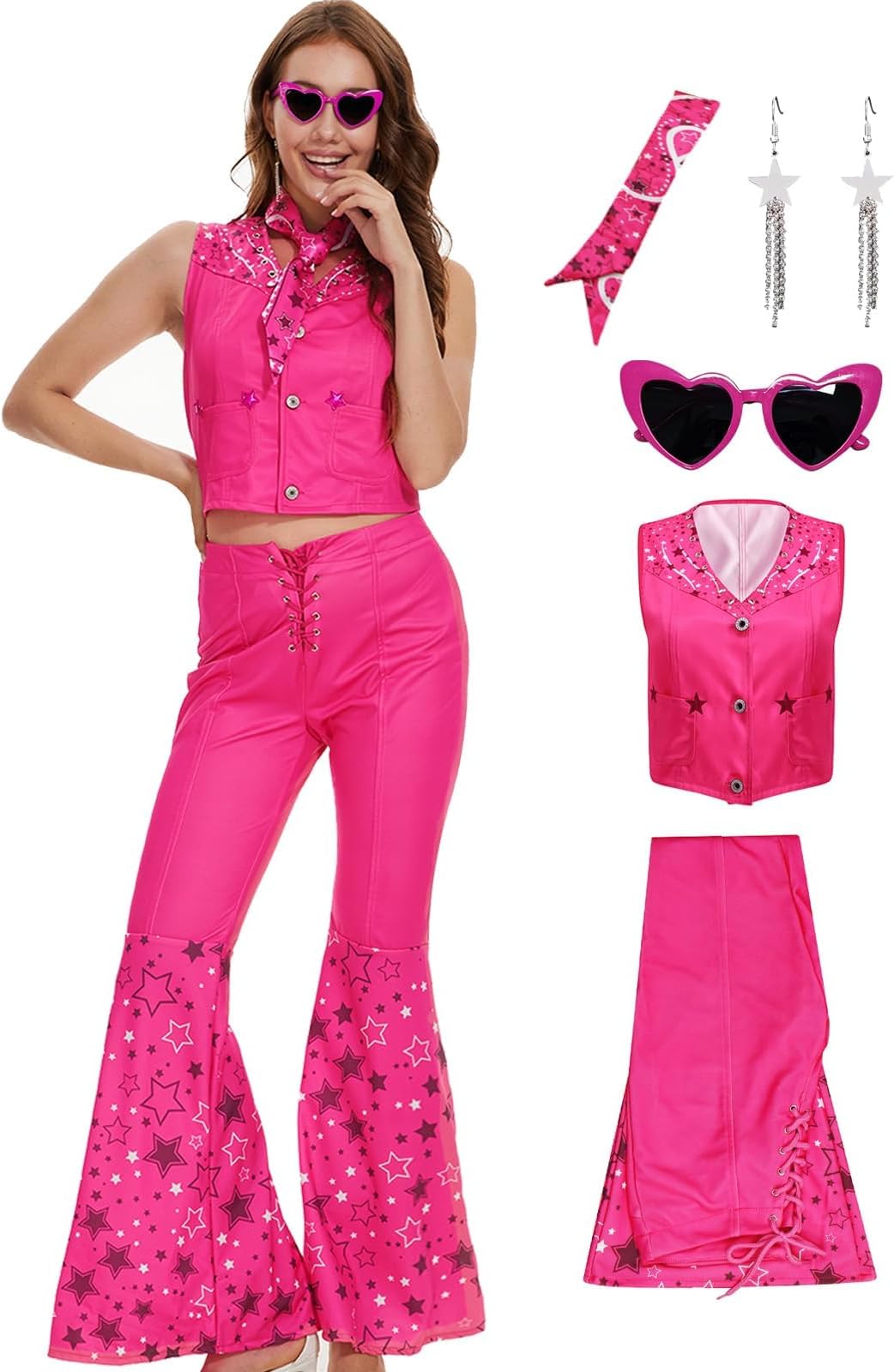 Cowgirl Costume 70s 80s Hippie Disco Outfits Pink Vest Top Flare Pant Halloween Cosplay for Women