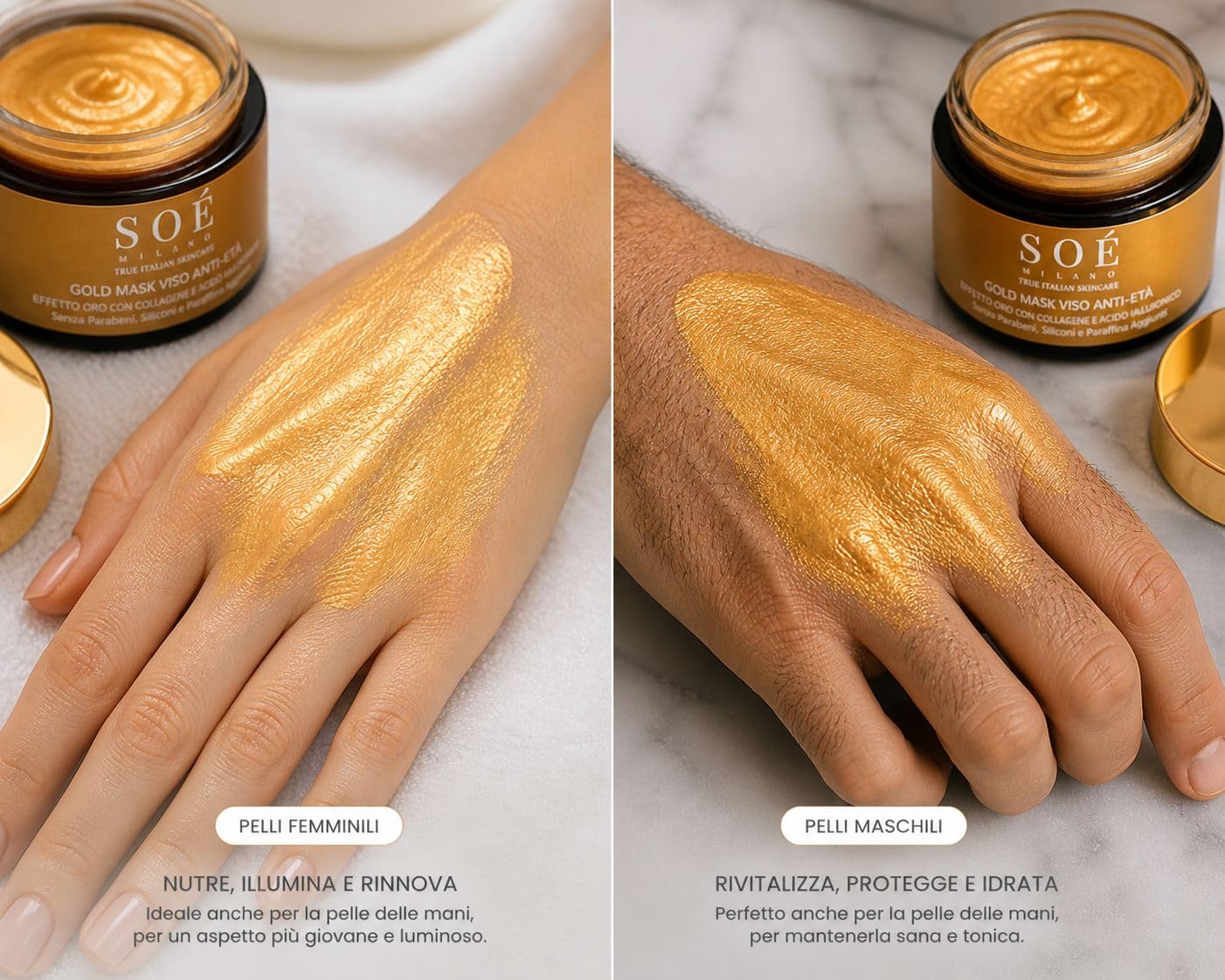 Gold Mask Viso Anti-Età – Maschera Viso con Collagene e Acido Ialuronico – Idratante, Illuminante e Rassodante. Formula pensata per una skincare più consapevole e delicata sulla pelle. Made in Italy