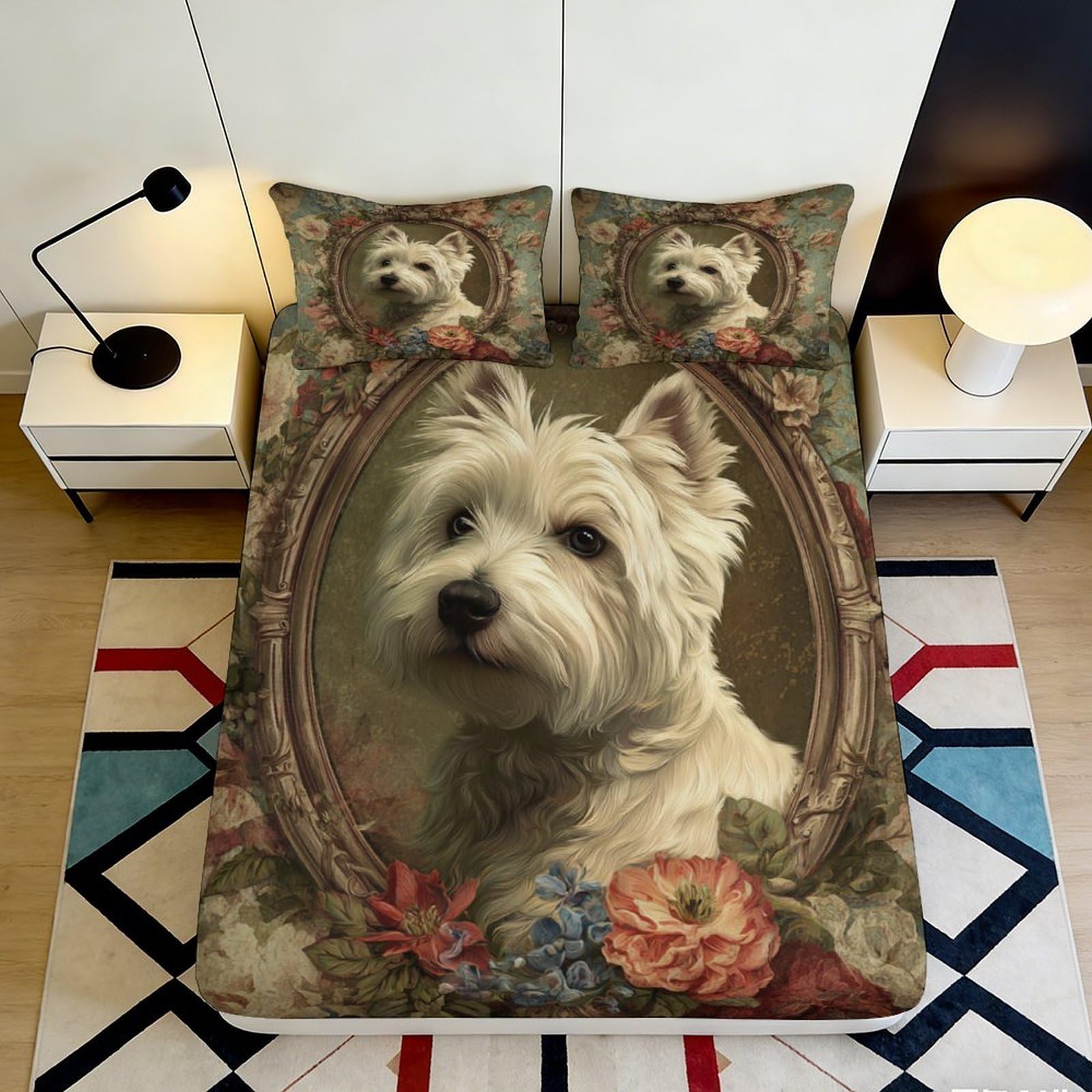 Pnayamiorkfel Style-4 3D Printed Westie Dog Portrait Fitted Sheet Microfiber Soft Bed Cover Floral Art Mattress Protector For Bedroom 90X200x25cm