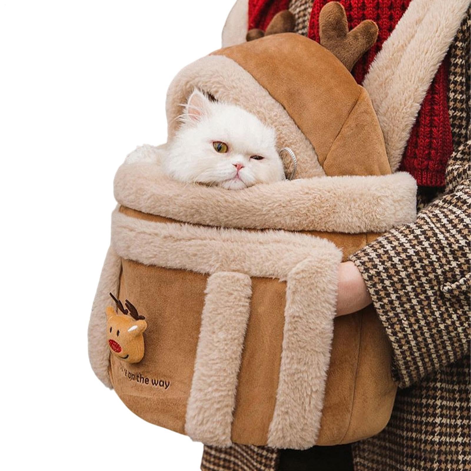 Marsupio per cani di taglia media, trasportino in peluche, portatile, con scaldamani, finestra interattiva, tema renna natalizia, 35,5 x 27,3 x 20,3 cm