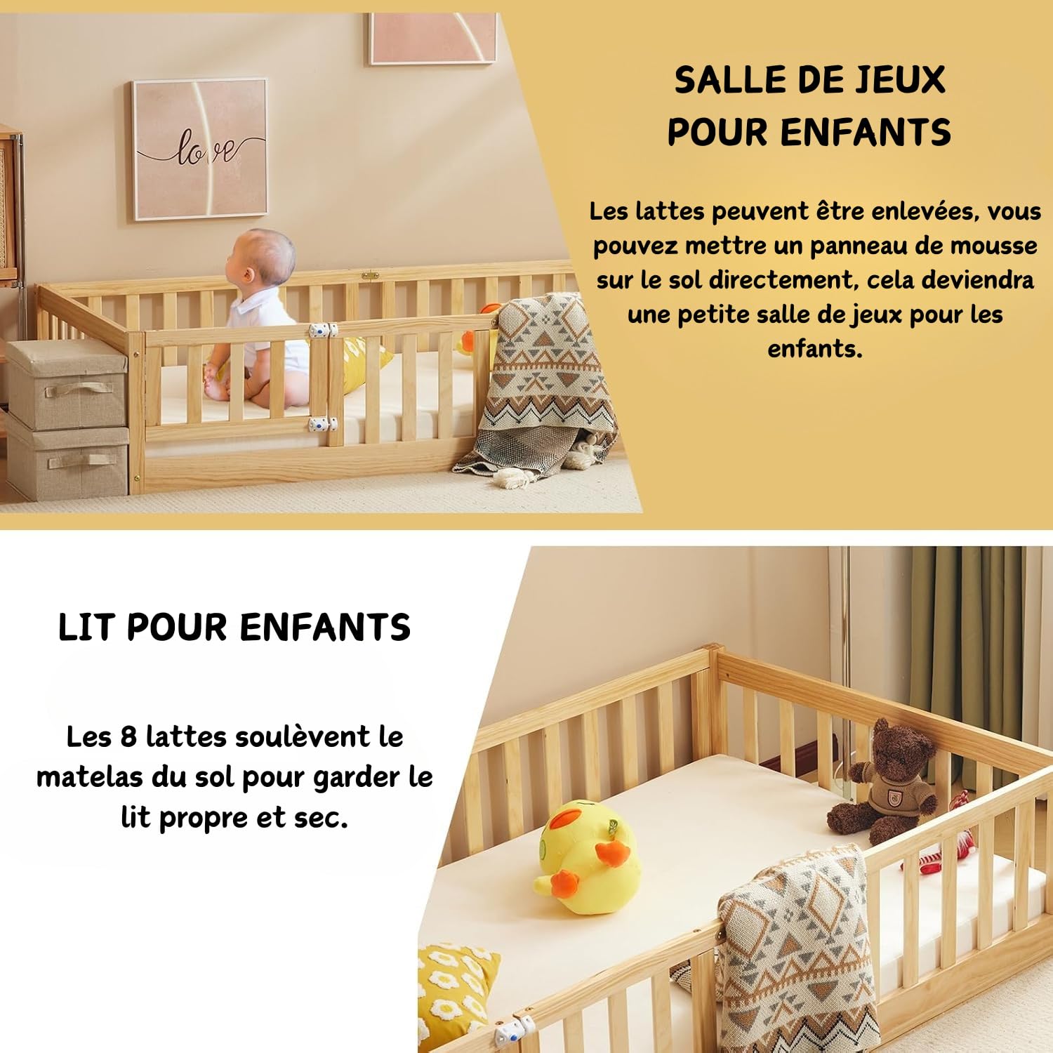 LALAHO Montessori Lit d'enfant Lit au Sol 90x190 cm - Bois Massif avec Porte et Barrière Sécurisée - 12 Lattes Renforcées, Garde-Corps Intégré - pour Enfants (Blanc)