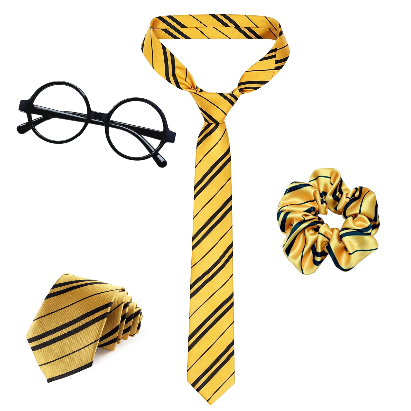 4 Pcs Wizard Costume Accessories Set, Wizard Cosplay Accessories with Wand Striped Tie Hairtie Glasses World Book Day Fancy Dress Costume Accessories Classic Wizard Cosplay Accessories Adults (Yellow)