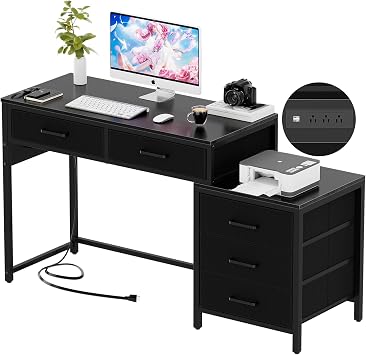 Unikito Reversible Computer Desk with 5 Drawers, Sturdy Office Desk with Power Outlets and USB Ports, Corner Writing Table with File Cabinet & Printer Stand, Vanity Desk with Storage, Black