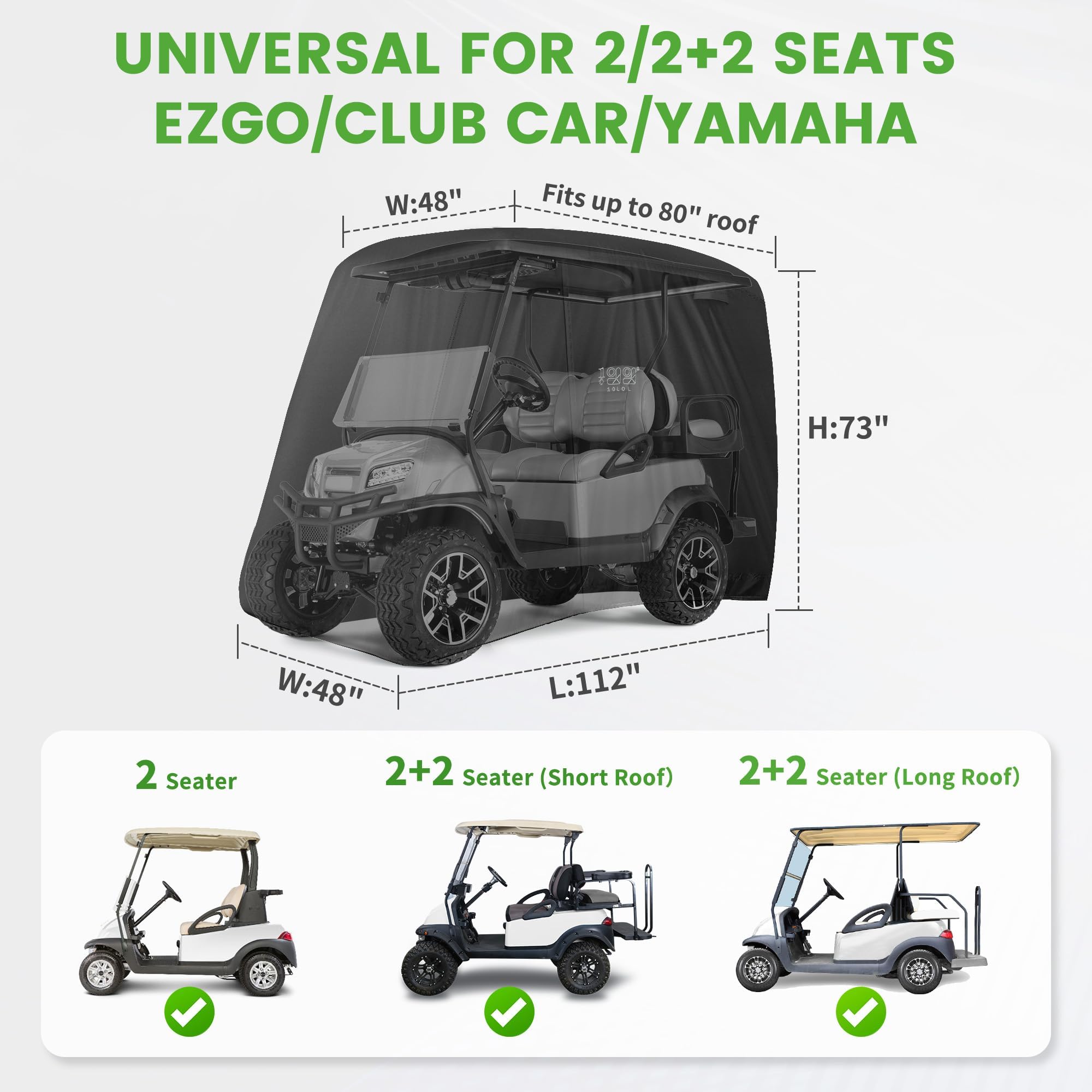10L0L 4 passeggeri Golf Cart Copertura per Yamaha/EZGO/Club Car, 400D Impermeabile Resistente Custodia in Poliestere con 3 Porte con Cerniera Antivento Sunproof Nero