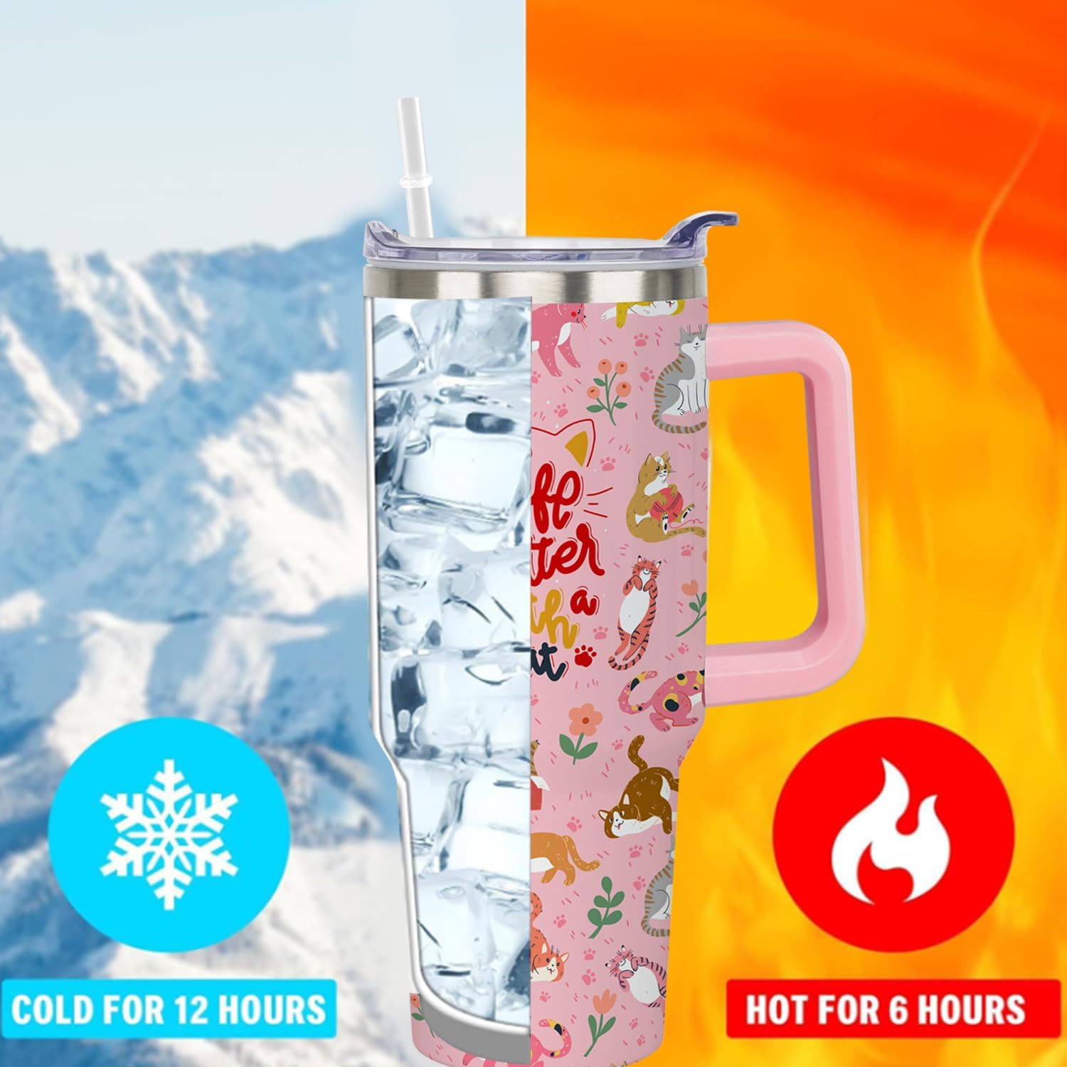 40 oz Cat Cup Tumbler with Handle Lid and Straw, Cat Themed Lover Gifts for Women, Cute Tumblers for Women, Pink - Image 7