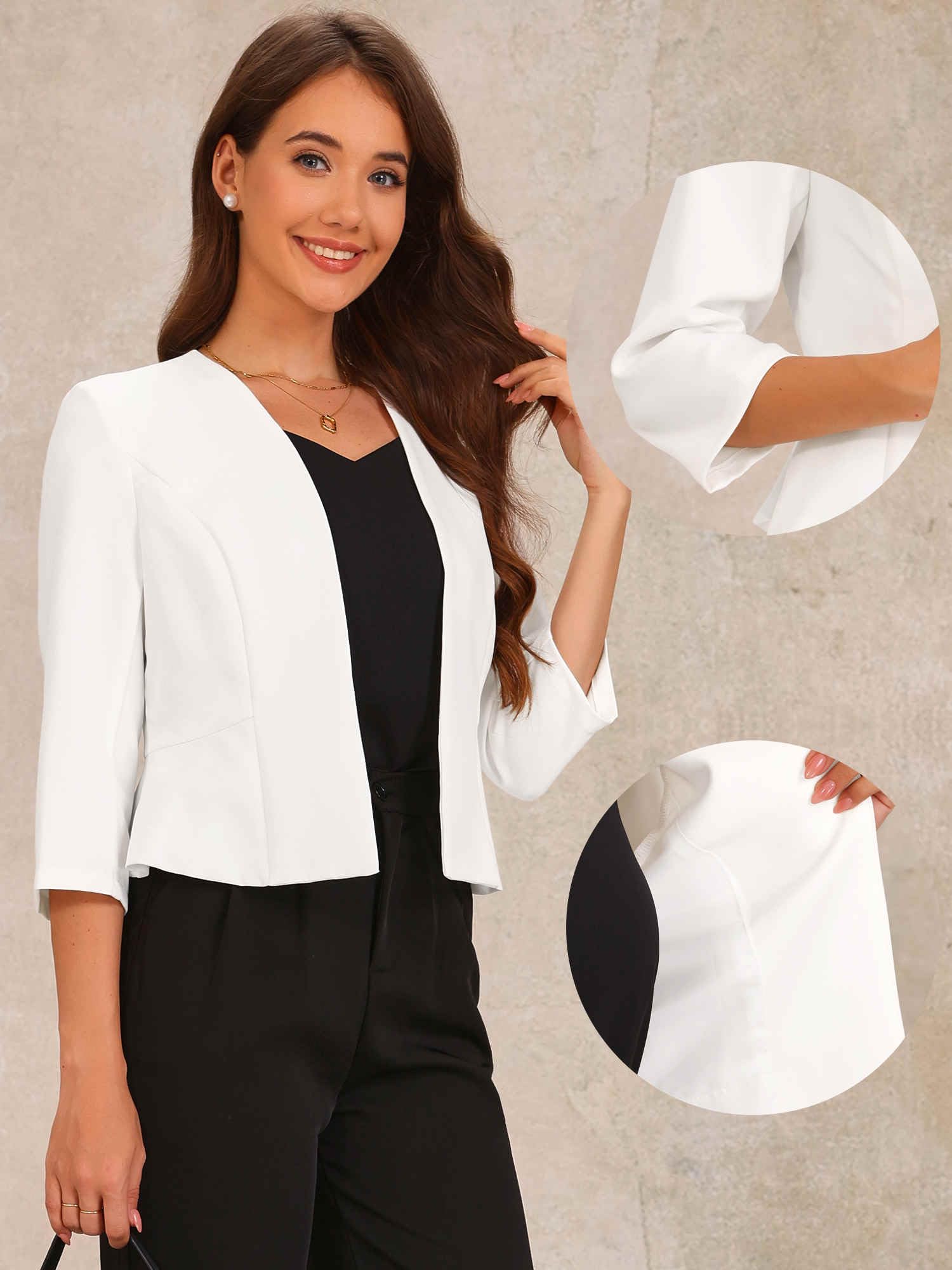 Allegra K Blazer Court Élégant Femme Costume d'affaire Basque à Manches 3/4 Ouvert sur Le Devant Veste Cintrée de Bureau
