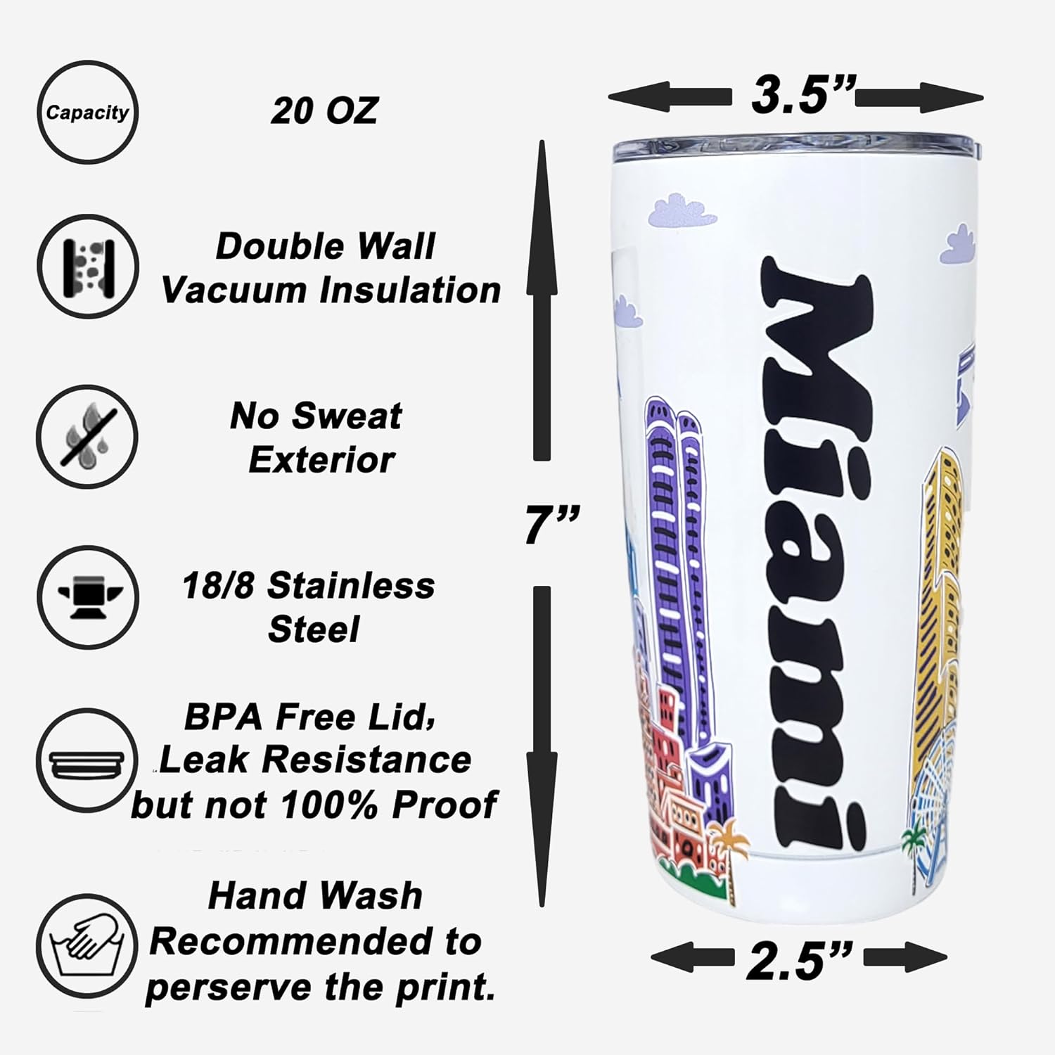 City Themed Artwork Tumbler Collection - Designed in the USA - 20oz Vacuum Insulated Tumbler with Lids - Stainless Steel Coffee Travel Mug with, Cup for Hot Cold Drinks (Miami) - Image 7