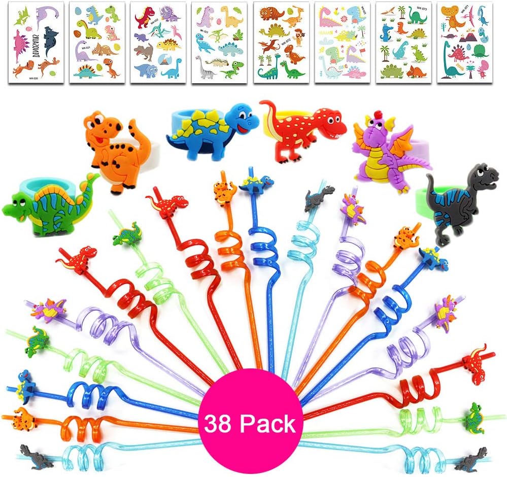 Dinosaur Straws Party Favor - 38Pcs Dinosaur Drinking Plastic Straws Reusable| Dinosaur Rings for Party Supply| Dino Tattoos Stickers for Jurassic Park Theme Party Favor Supplies