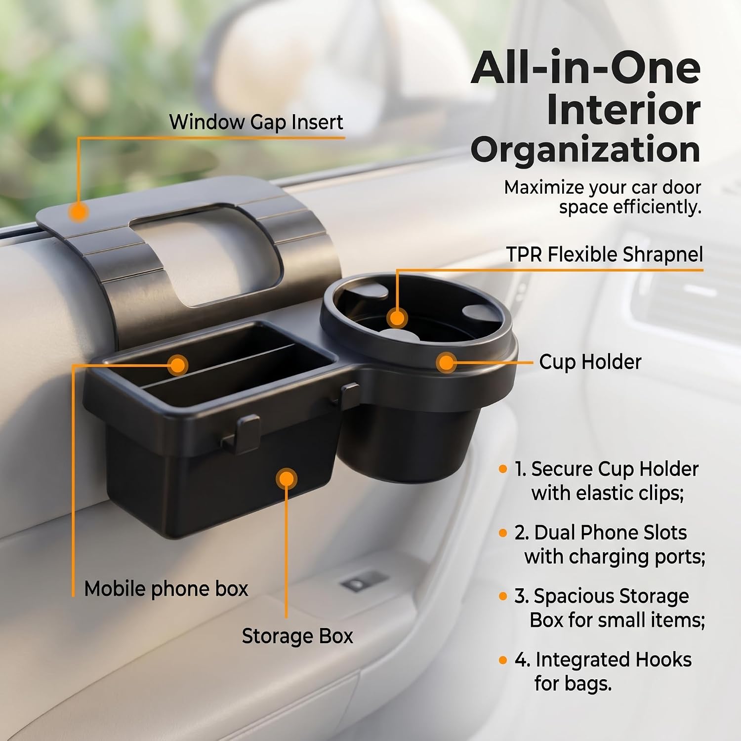 Car Window Storage Organizer, Waterproof Side Door Hanging Box with Cup Holder & Hooks, Clip-on Side Storage Rack for Coin Keys, Interior Accessories for Most Cars SUVs (Black) image 3