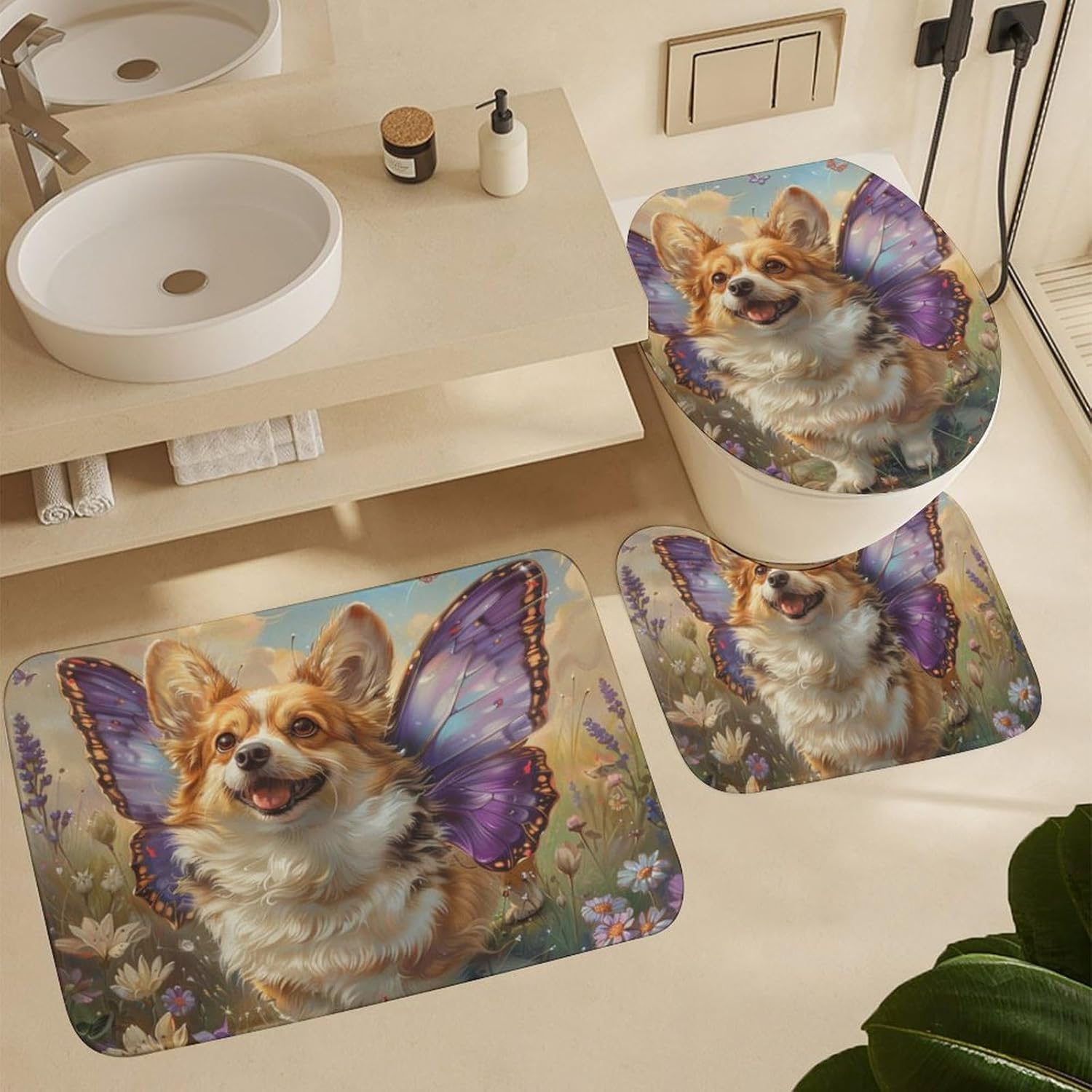4Pcs Rustic Dog Butterfly Shower Curtain Sets Bathroom Decor, Lovely Corgi Floral Animal Shower Curtain with Non Slip Rug, Toilet Lid Cover, Bath Mat and 12 Hooks 72W x 72L