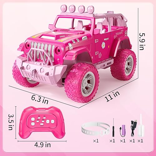 Miniatura 6 de Auto de control remoto rosa para niñas 4-7, 2.4GHz Off-Road RC Jeep con aerosol, juguete de escalada para niñas de 3-4, 5-6, 7-8, 9-10, vehículo de
