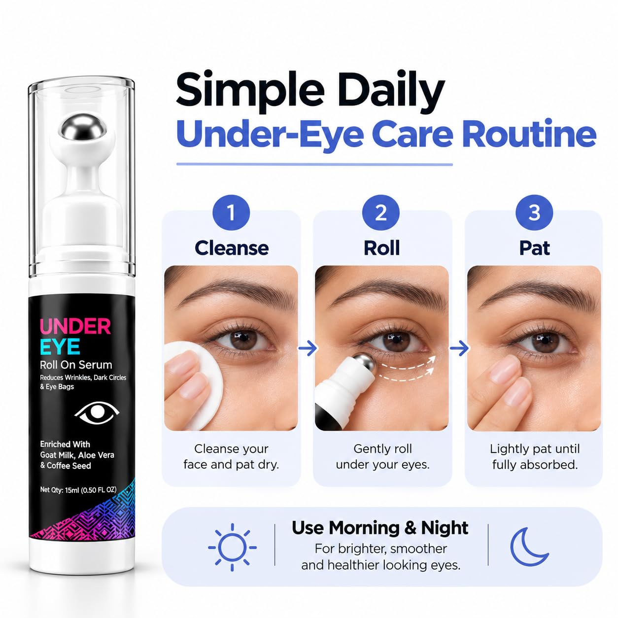 Under Eye Roll-On Serum with Goat Milk, Aloe Vera, Coffee Seed Extract, Natural Ingredients for Dark Circles & Puffiness Reduction, Non-Greasy Formula — Amazon image 5