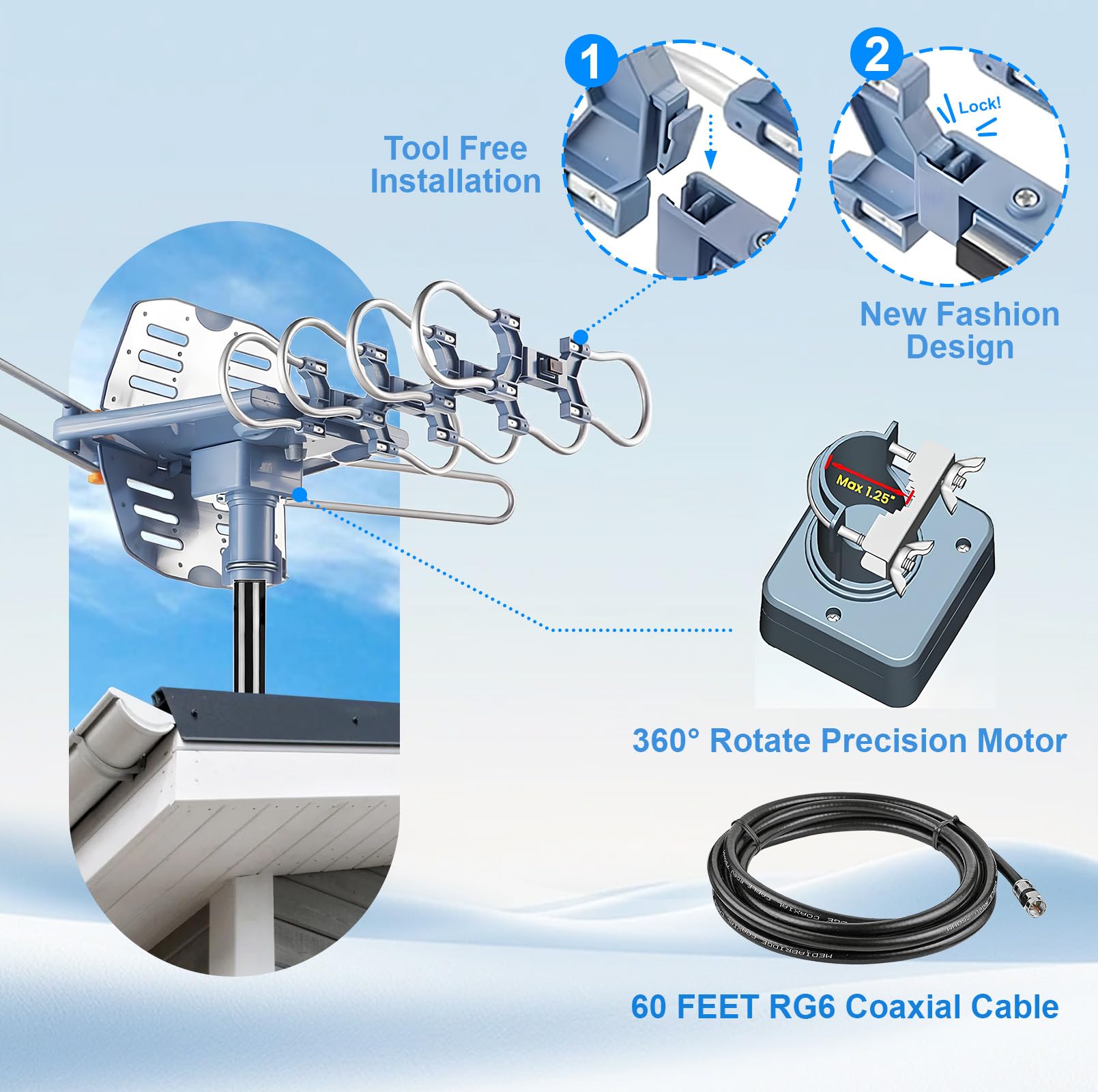 Antenna TV esterna, antenna HDTV amplificata digitale e cavo coassiale RG6 da 18,3 m, telecomando wireless a 360 gradi, supporto 4K 1080P 2 TV