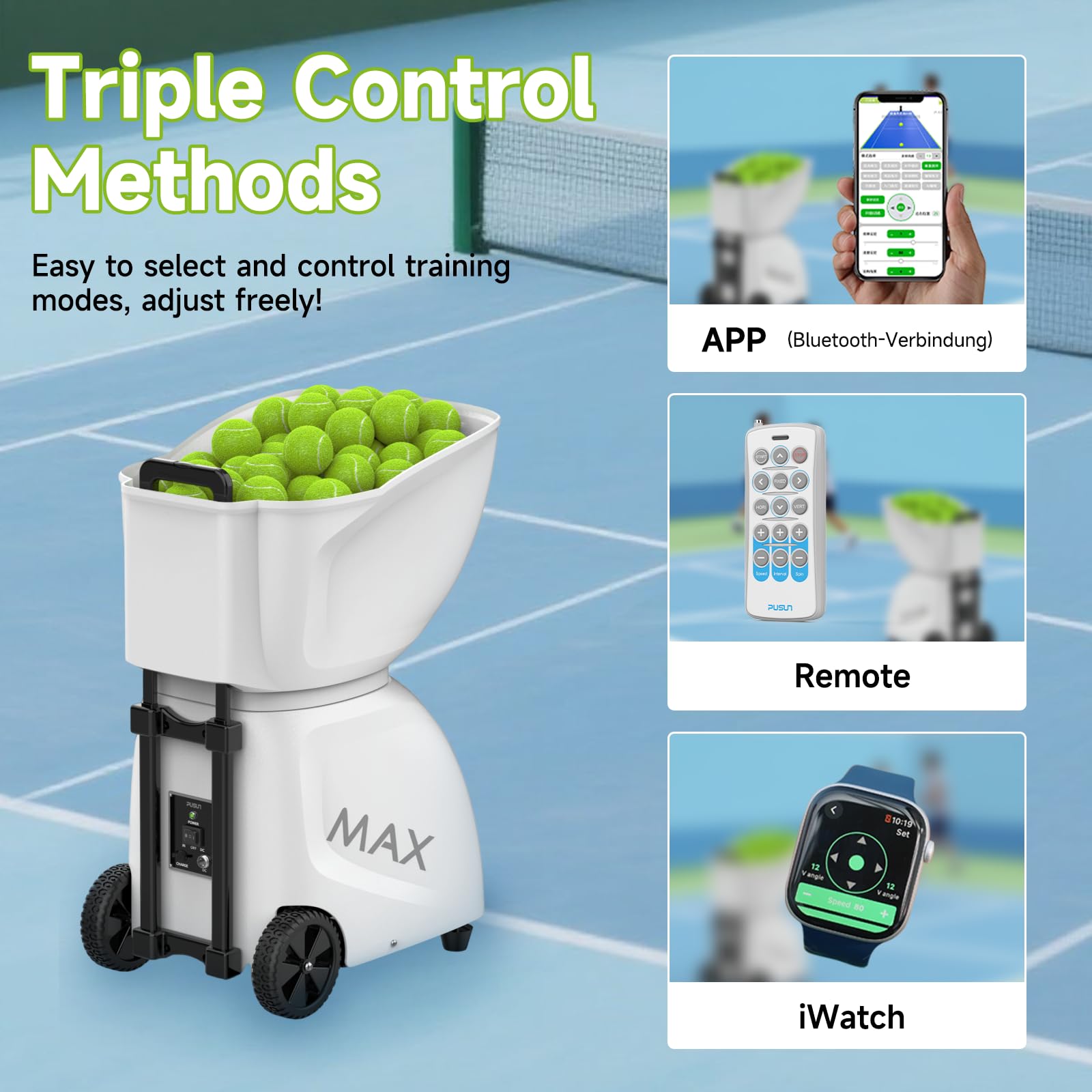 PUSUN PT-Max C - Lanciatore di palline da tennis, capacità 145+ palline, doppia app e telecomando, 28 modalità di allenamento auto-programmazione, nero, 1 pezzo