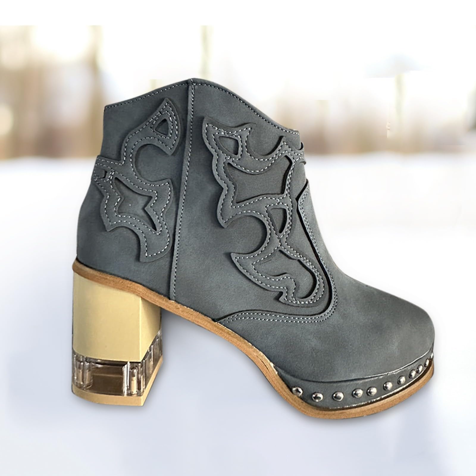 Botas bordadas de mujer con marco cosido acrílico cristal alto botines de tacón de piel zapatos de mujer