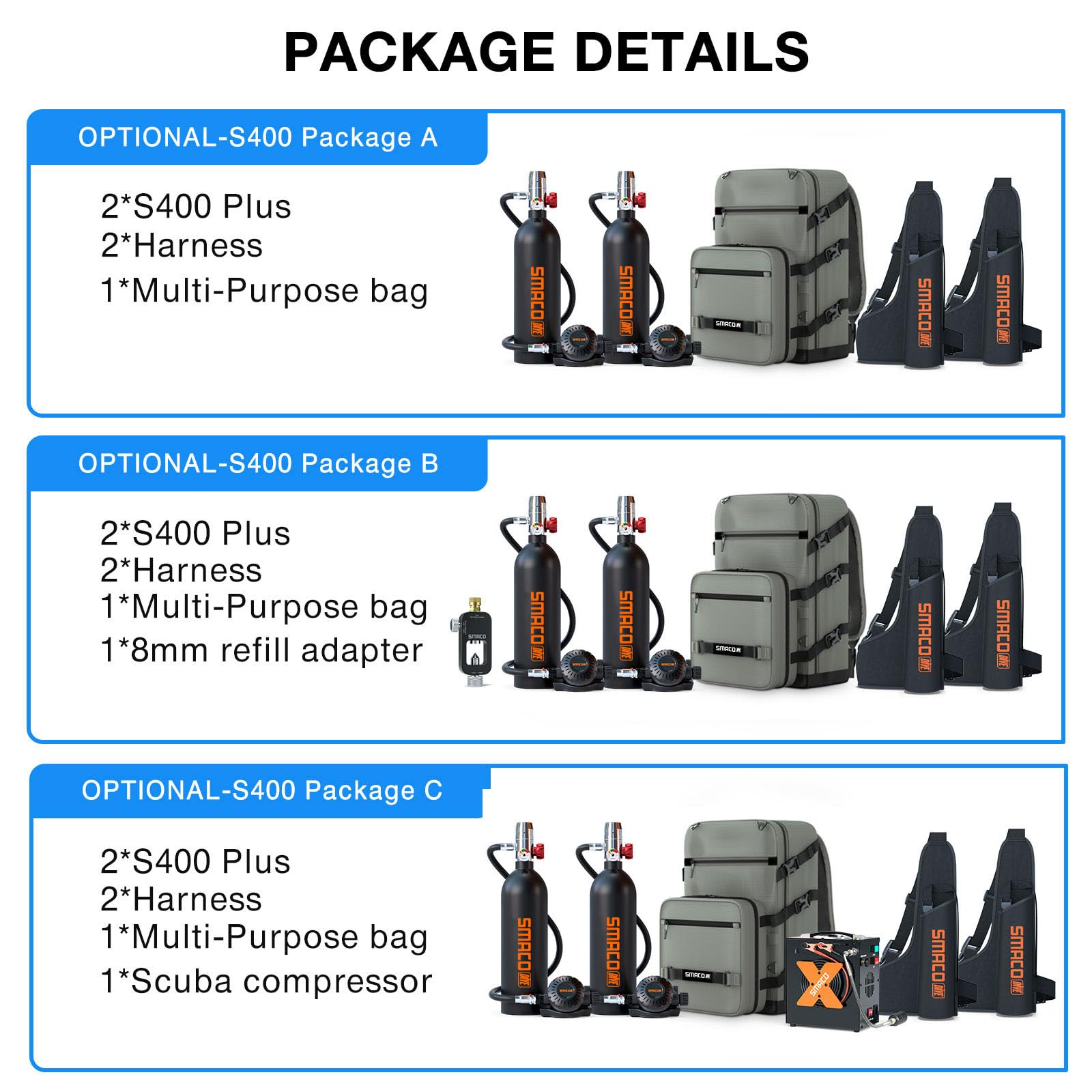 SMACO Mini Bombola Sub 1L Bombola Subacquea (2 Pezzi) per Immersioni Portatile Bombole Aria Sub Mini Scuba Tank per Soccorso di Emergenza Pulizia Imbarcazioni Fonte d'Aria di Riserva S400