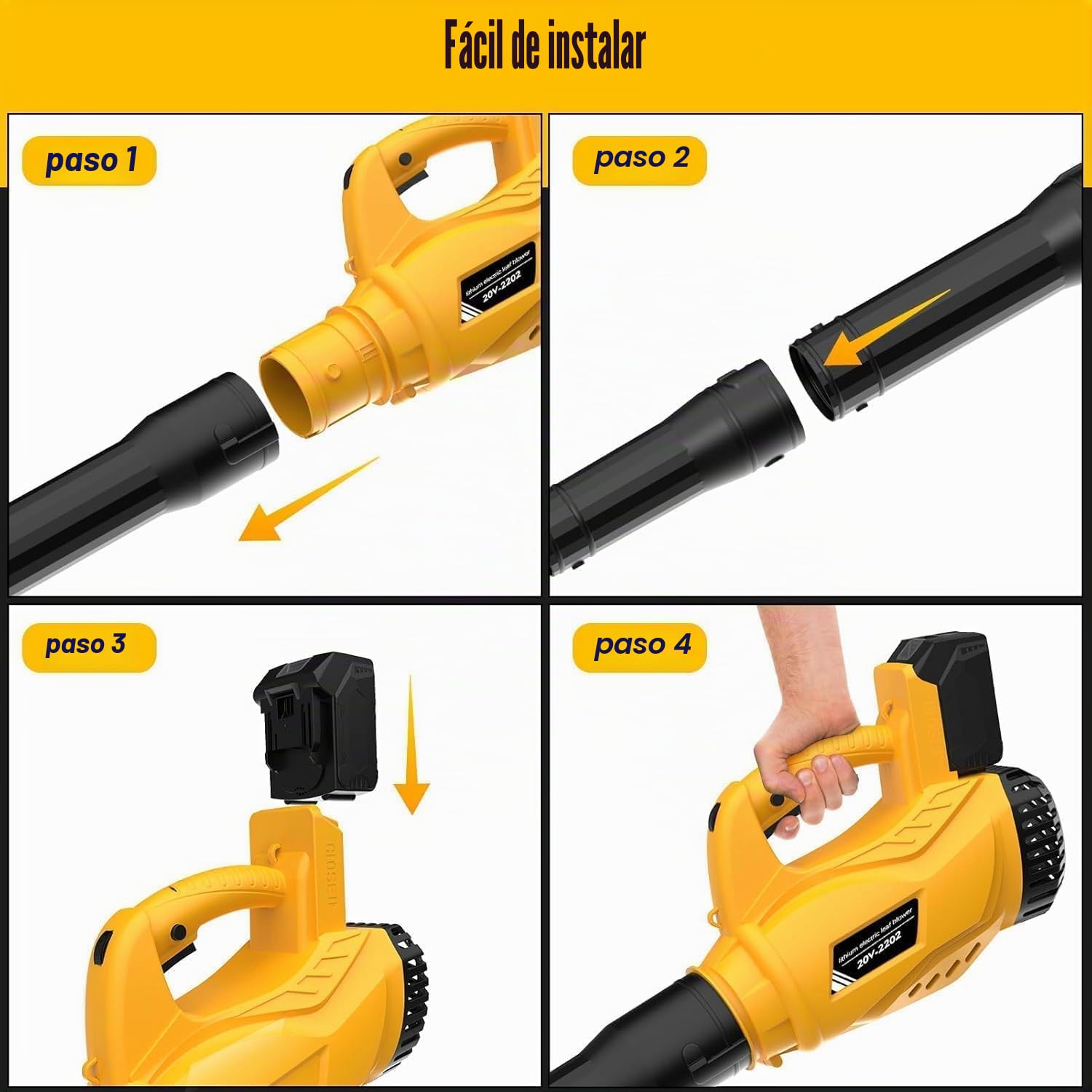 Soplador de Hojas Eléctrico Compatible con Dewalt 20 V, Batería de 300 km/h, 6 Velocidades Soplador de Aire Potente, Extraíble, Utilizado para Limpiar Hojas De Jardín, Nieve, Polvo (Amarillo)