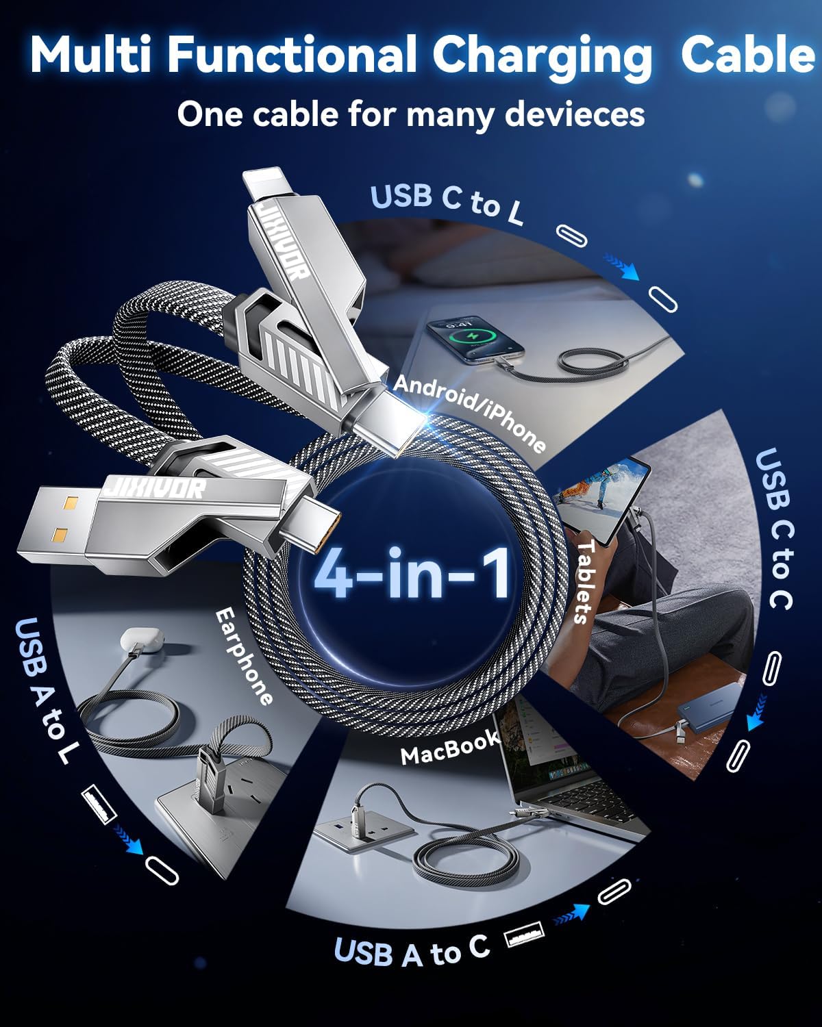 [Uno è sufficiente] 4 in 1 compatibile con cavo USB C a Lightning, ricarica ad alta velocità da 240 W e trasferimento dati veloce, supporto automatico CarPlay e Android Multi cavo di ricarica per