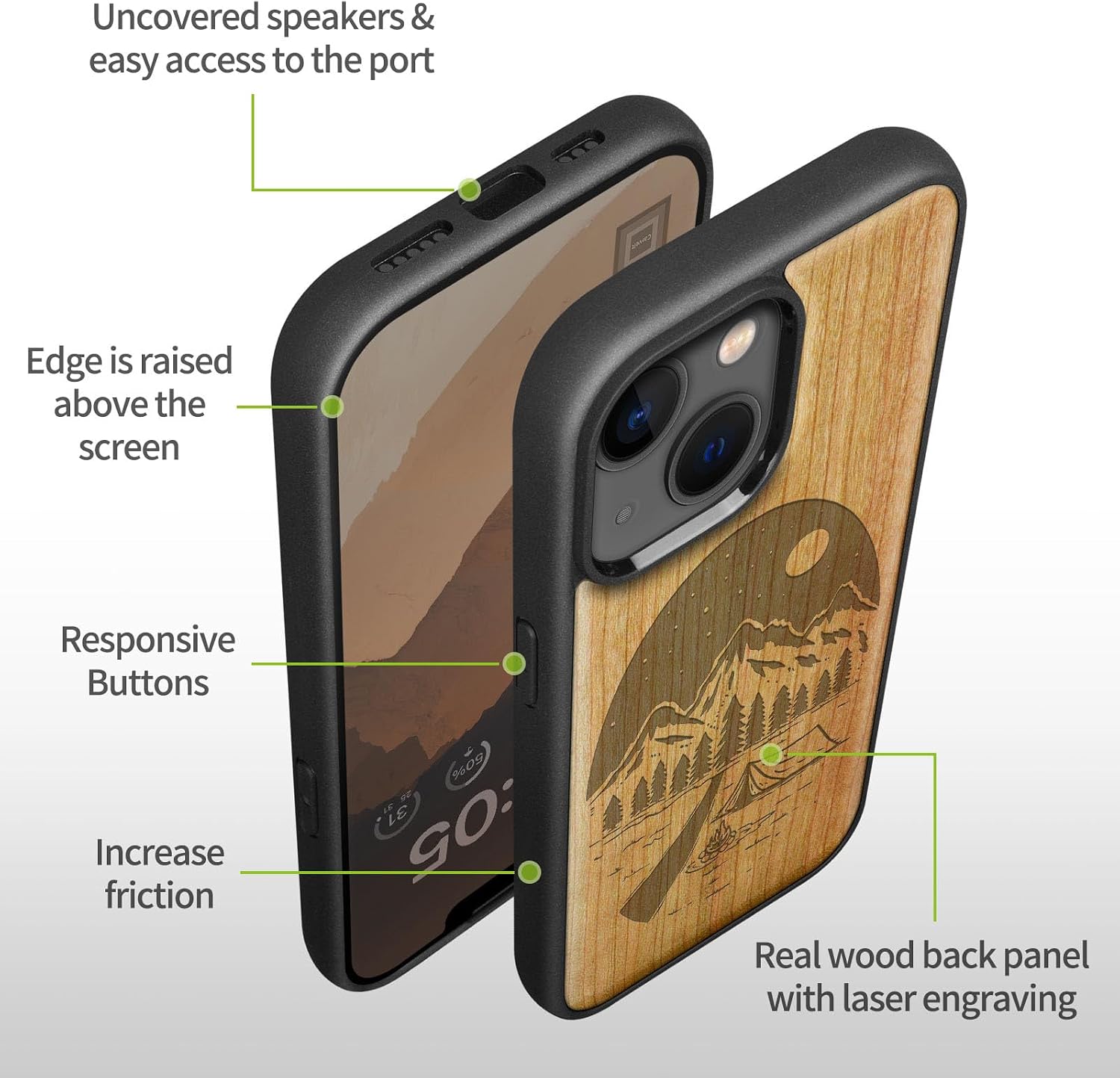 Carveit Magnetic Wood Case for iPhone 14 Plus - Natural Wood & Black Soft TPU - Shockproof Protective Cover - Unique & Classy Wooden Case - Compatible with MagSafe (Wilderness Night -Cherry)