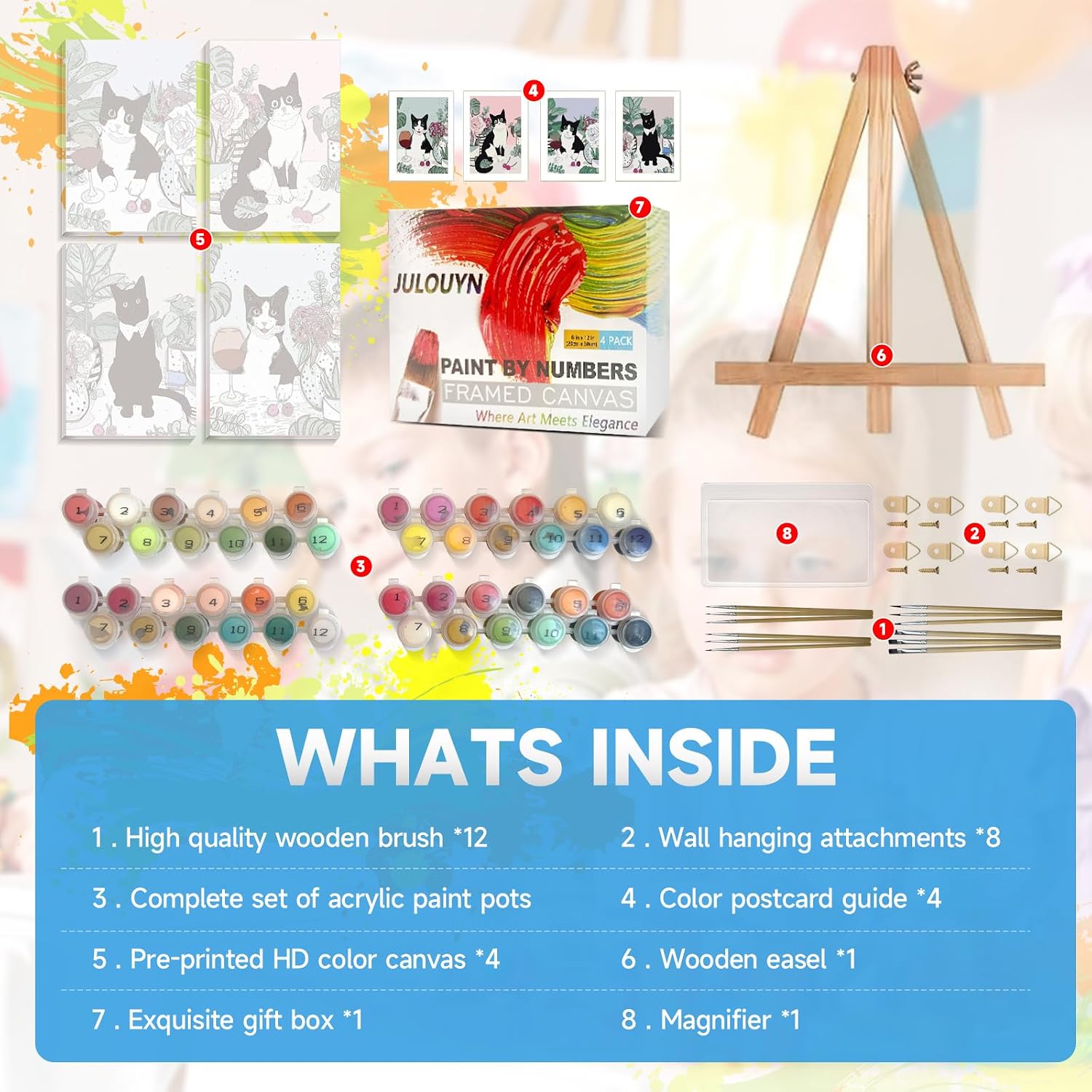 JULOUYN 4 Pack Paint by Numbers Kit for Adults with Framed & Easel, Easy Cute Cat Canvas Painting Kit for Beginner Gift Home Wall Decor 8x12 in