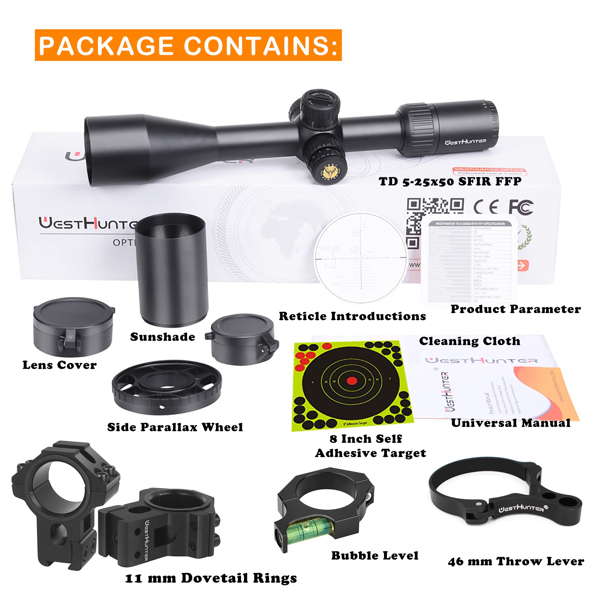 WestHunter Optics TD 5-25x50 SFIR FFP Precisión Miras Telescópicas, Exclusivo para Competiciones Deportivas de Larga Distancia | Dovetail Shooting Kit B