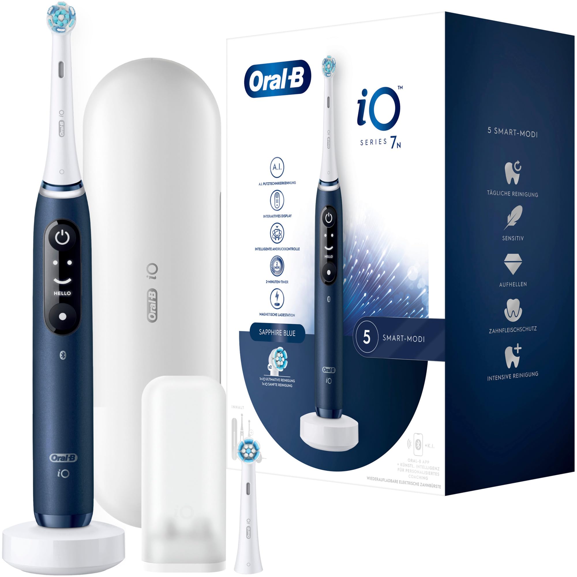 Oral-B iO Series 7 Brosse à dents électrique 2 brosses à dents 5 modos de brossage pour soins dentaires, technologie magnétique, affichage et étui de voyage, conçu par marron, bleu saphir