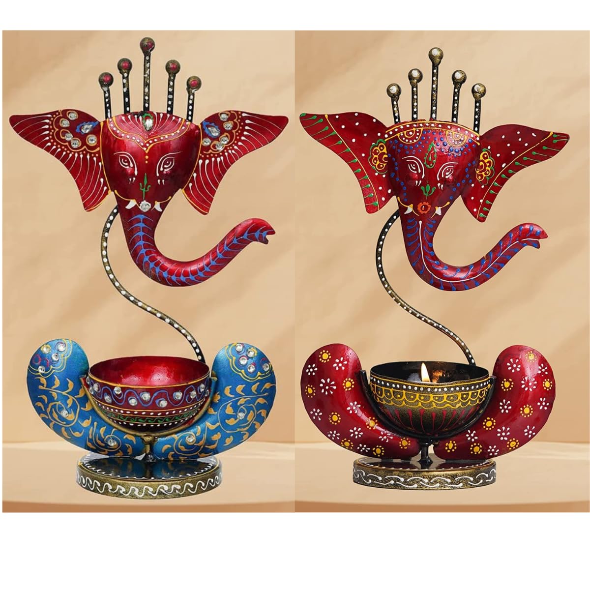 VIKACRAFT Tealight Candle Holder Home Decor Iron Metal Handcrafted Ganesh Idol Showpiece Decorative Items for Home,Living Room,Pooja Room Corporate Gift - Multicolor Pack of 2-10 Inch,Red & Blue-image-11