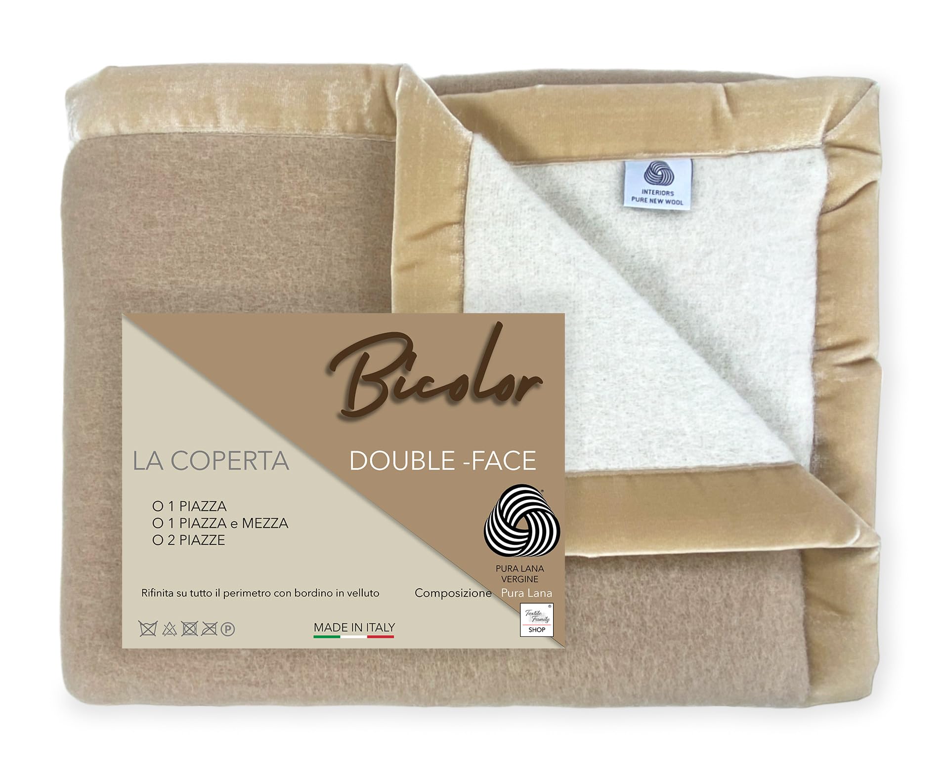 Tex family Manta de lana bicolor – Suave y cálida – Suave y cálida – Beige claro/oscuro – Cama individual 1 plaza – 150 x 210 cm