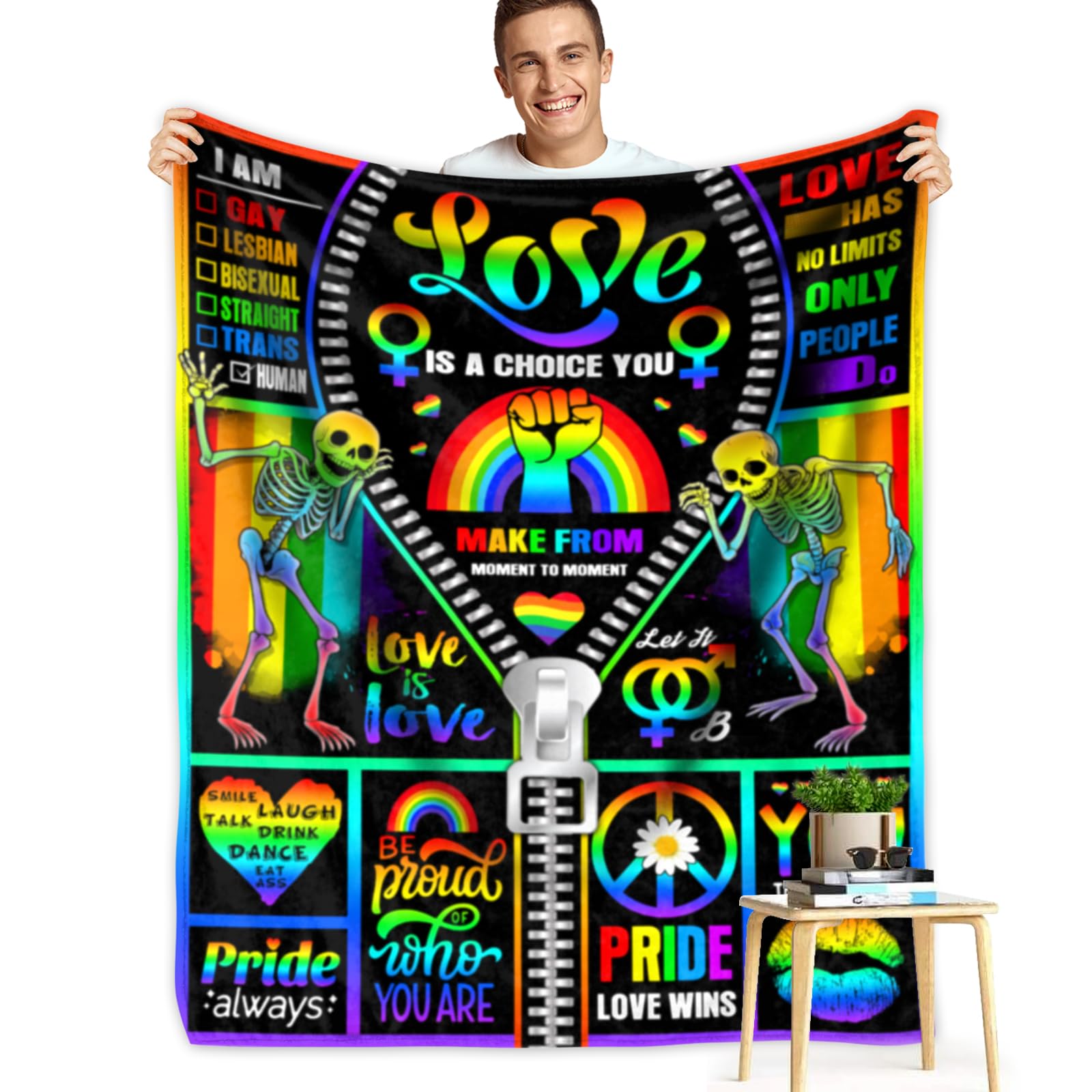 Koctwin Cozy Rainbow Lesbian Pride Blanket, LGBT Gifts for Friends, Besties, Gay Pride, Rainbow, Wedding, Birthday 50x60in
