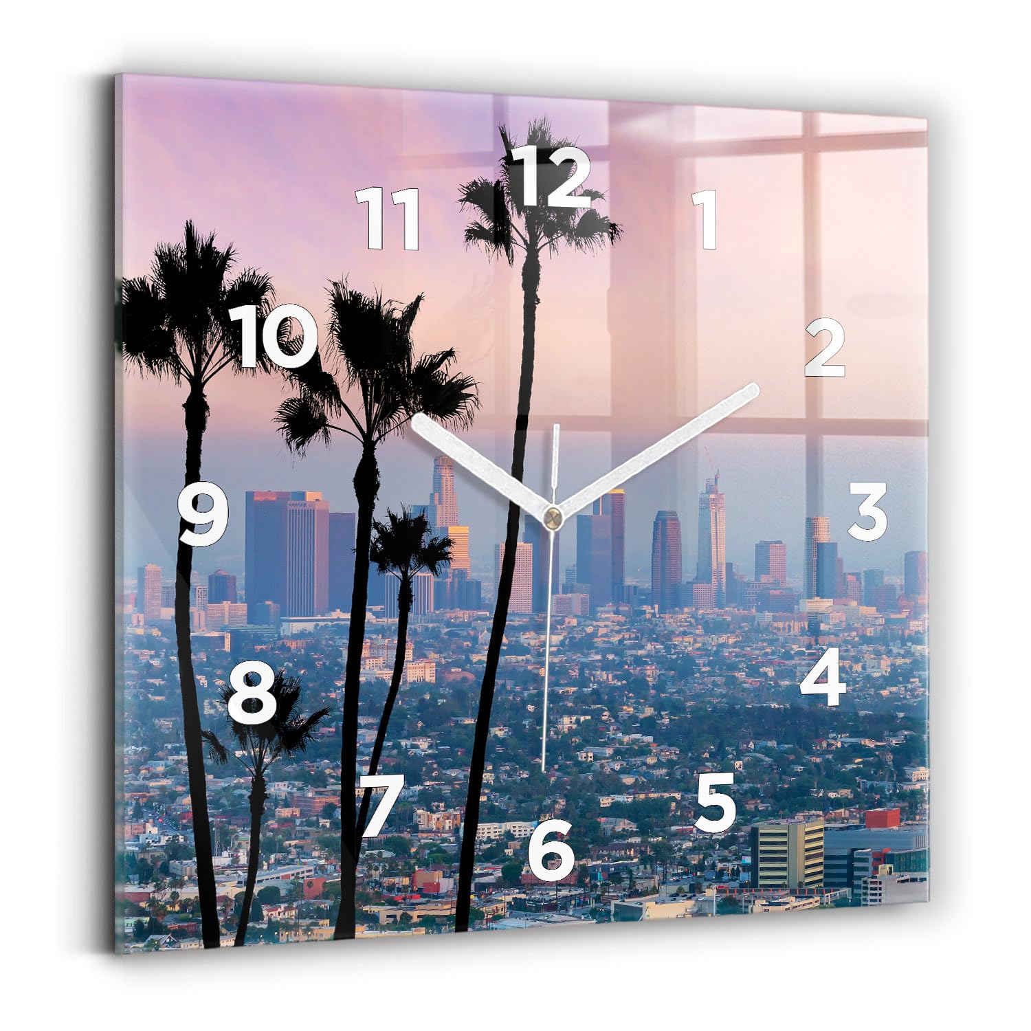 Horloge murale carrée Wallfluent pour un salon moderne ambiance Sunset Los Angeles