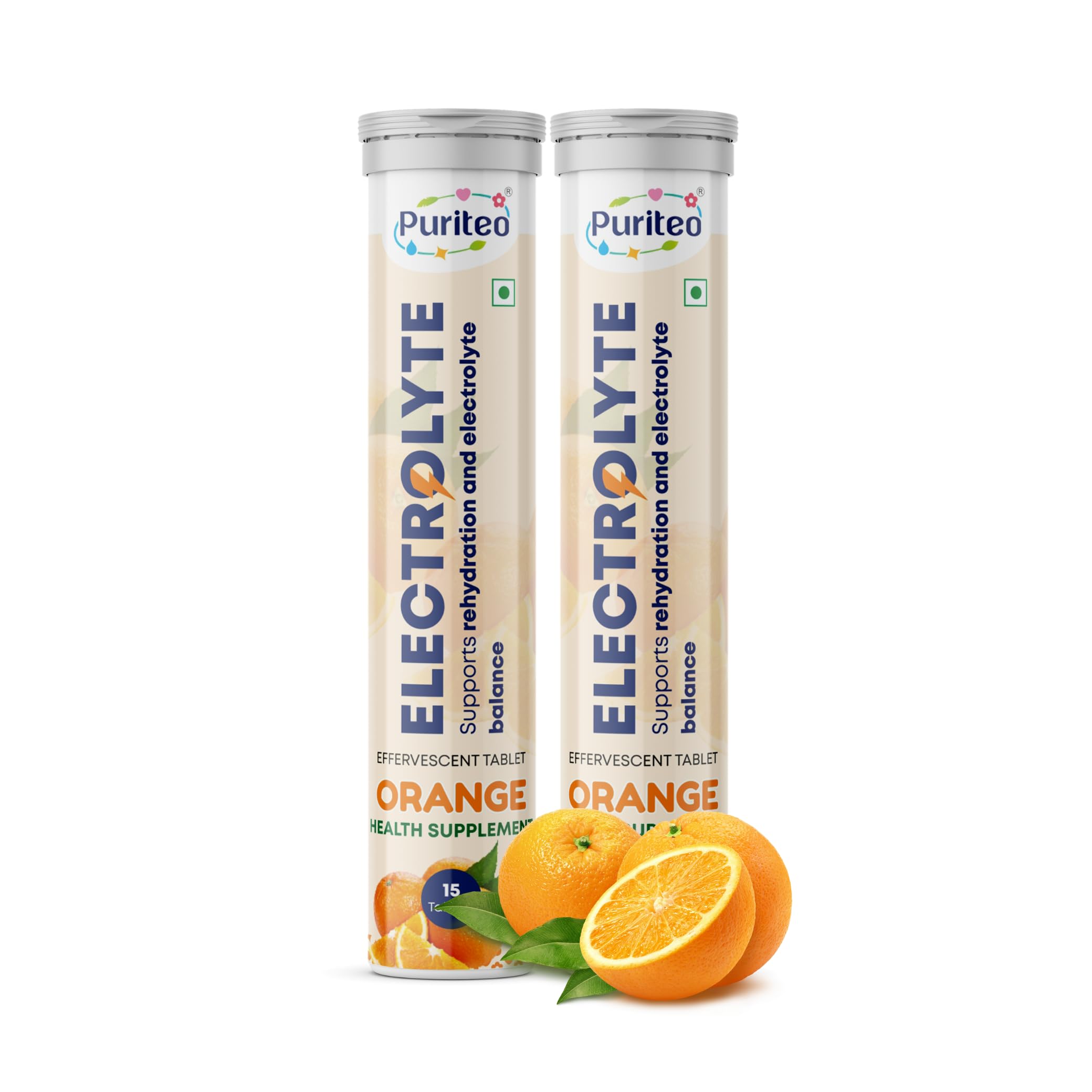 Puriteo Electrolyte Effervescent Tablets Orange Flavour | Zero Added Sugar | 5 Essential Electrolytes for Hydration & Energy | Fast Dissolving Drink | 15 Tablets Each Pack of 2-image-42