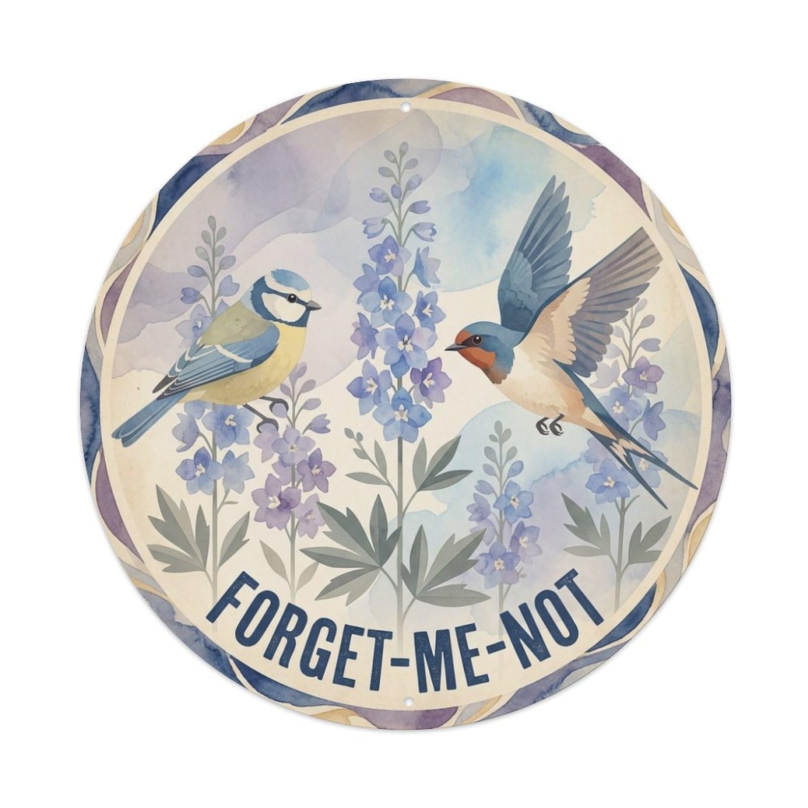 Delphinium Forget Me Not Watercolor Bird Slogan Metal Tin Sign