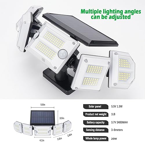 Miniatura 6 de Luces solares para exteriores con sensor de movimiento para exteriores, luces de seguridad de 5 cabezales, funciona con energía solar, 300 luces LED